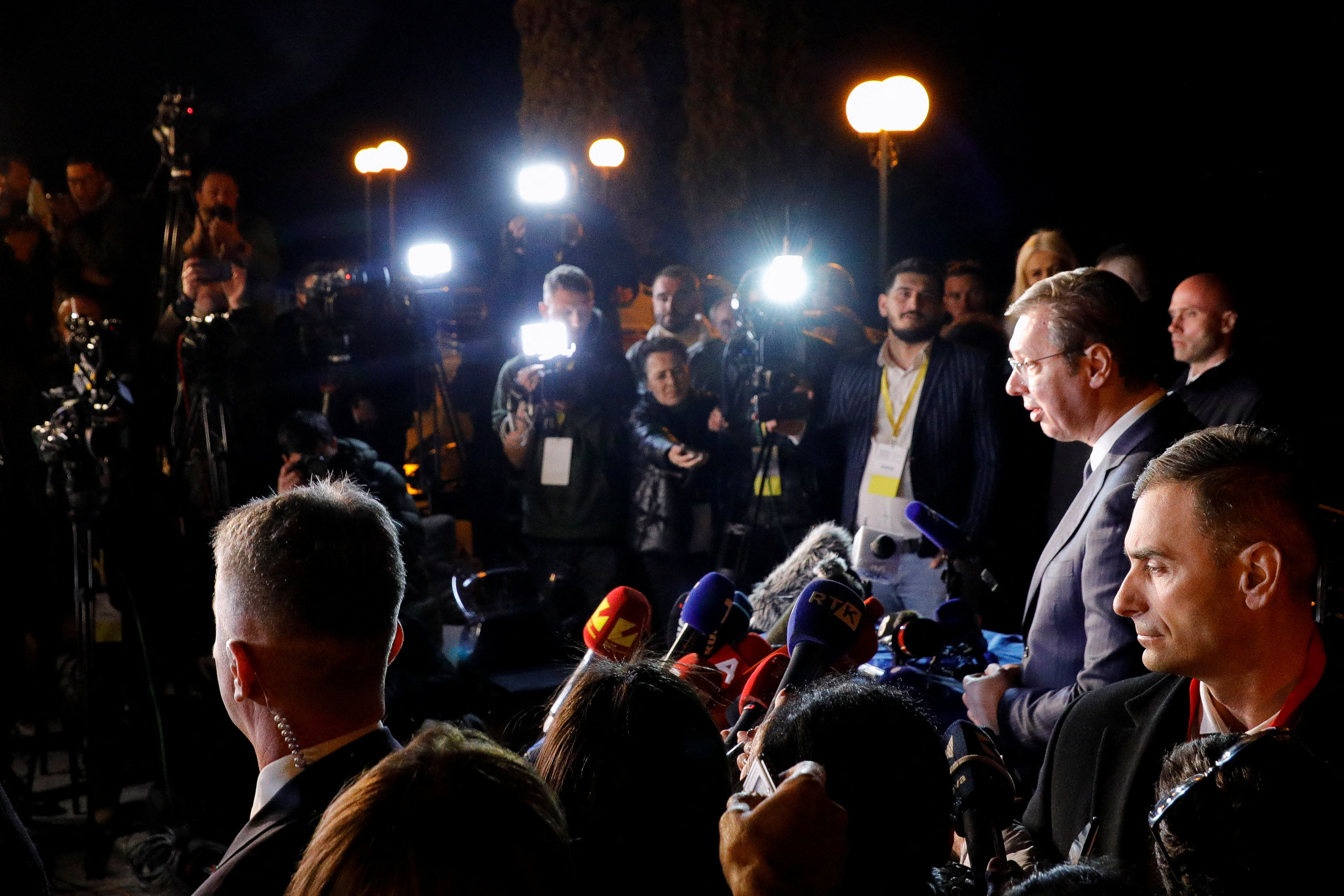 Serbian President Aleksandar Vucic speaks to media, in Ohrid, North Macedonia March 18, 2023.REUTERS/Ognen Teofilovski