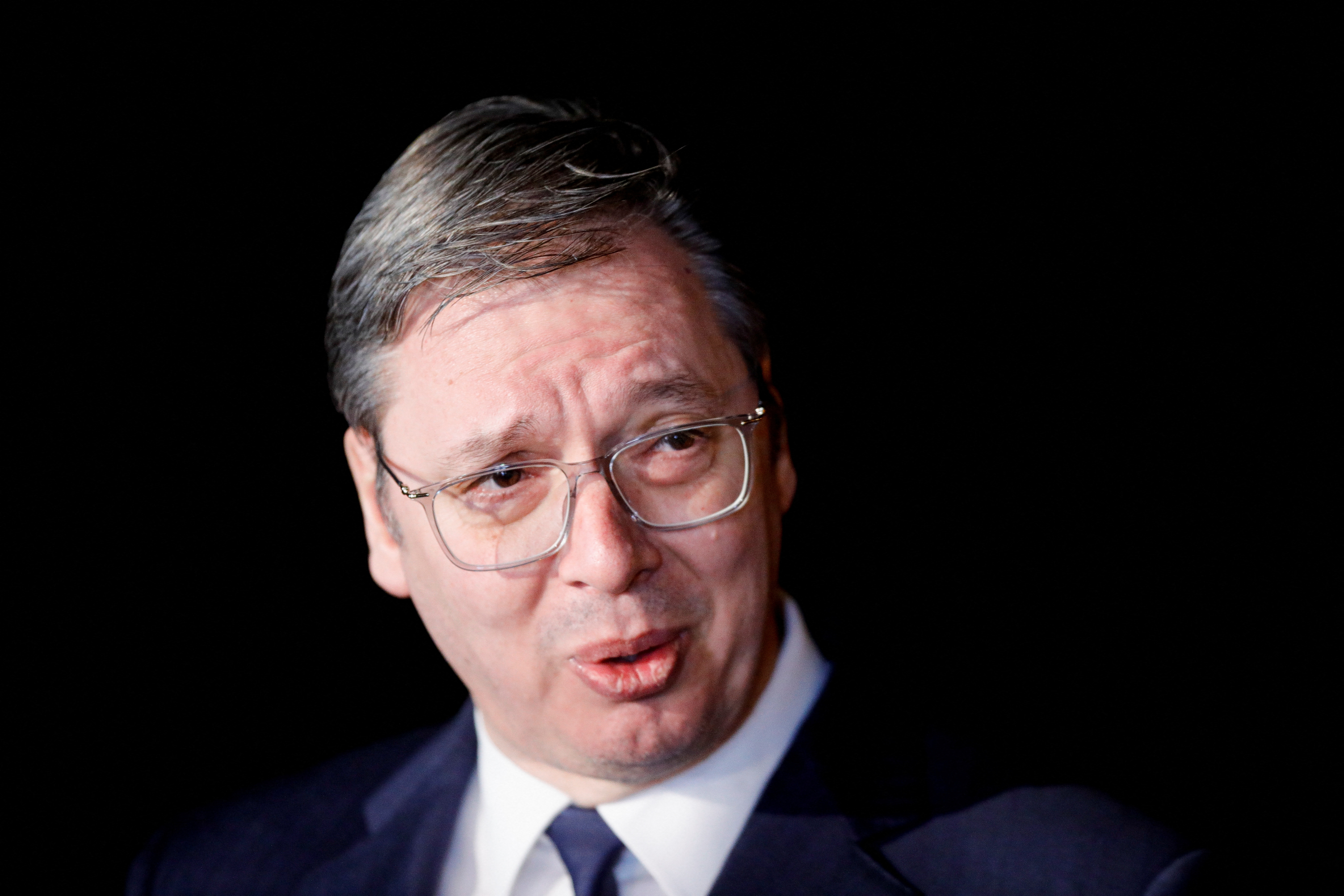 Serbian President Aleksandar Vucic speaks to media, in Ohrid, North Macedonia March 18, 2023.REUTERS/Ognen Teofilovski