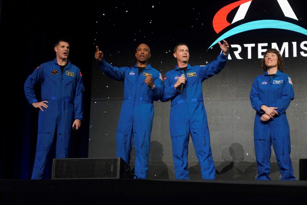 Astronauts Reid Wiseman, Victor Glover, Jeremy Hansen and Christina Koch, crew members of the Artemis II space mission to the moon and back, attend an NASA event in Houston, Texas, U.S., April 3, 2023. REUTERS/Go Nakamura