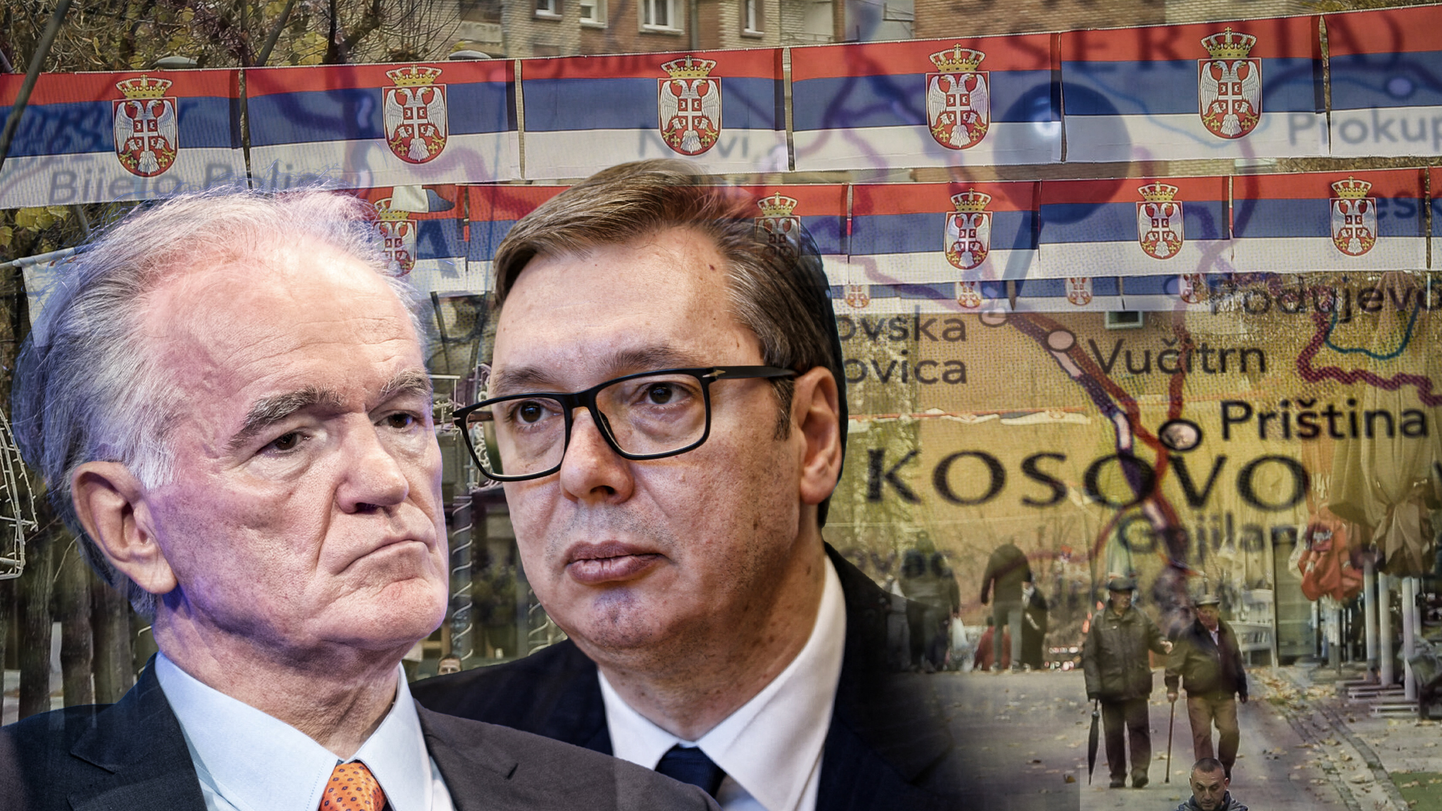 Kosovska Mitrovica, city in Kosovo pinned on geographical map Zdenko Tomanović Vučić i neko Kosovo u pozadini