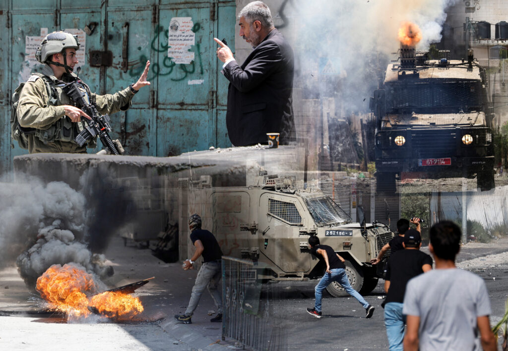 Palestinians clash with Israeli forces amid an Israeli military operation, in Jenin, in the Israeli-occupied West Bank, July 4, 2023. REUTERS/Raneen Sawafta izrael palestina kombo