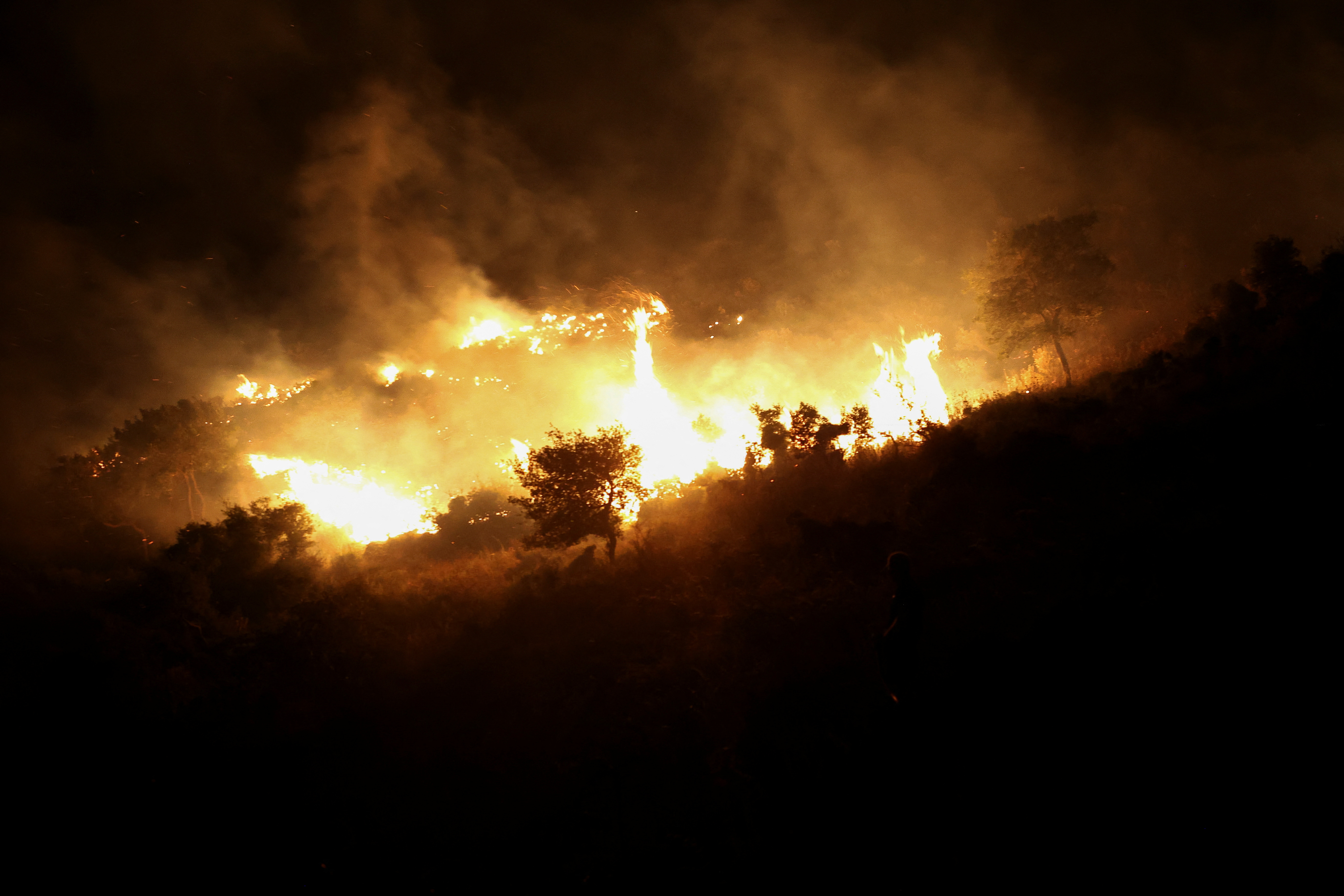 A man looks on during a wildfire near Qeparo, Albania, August 19, 2023. REUTERS/Florion Goga