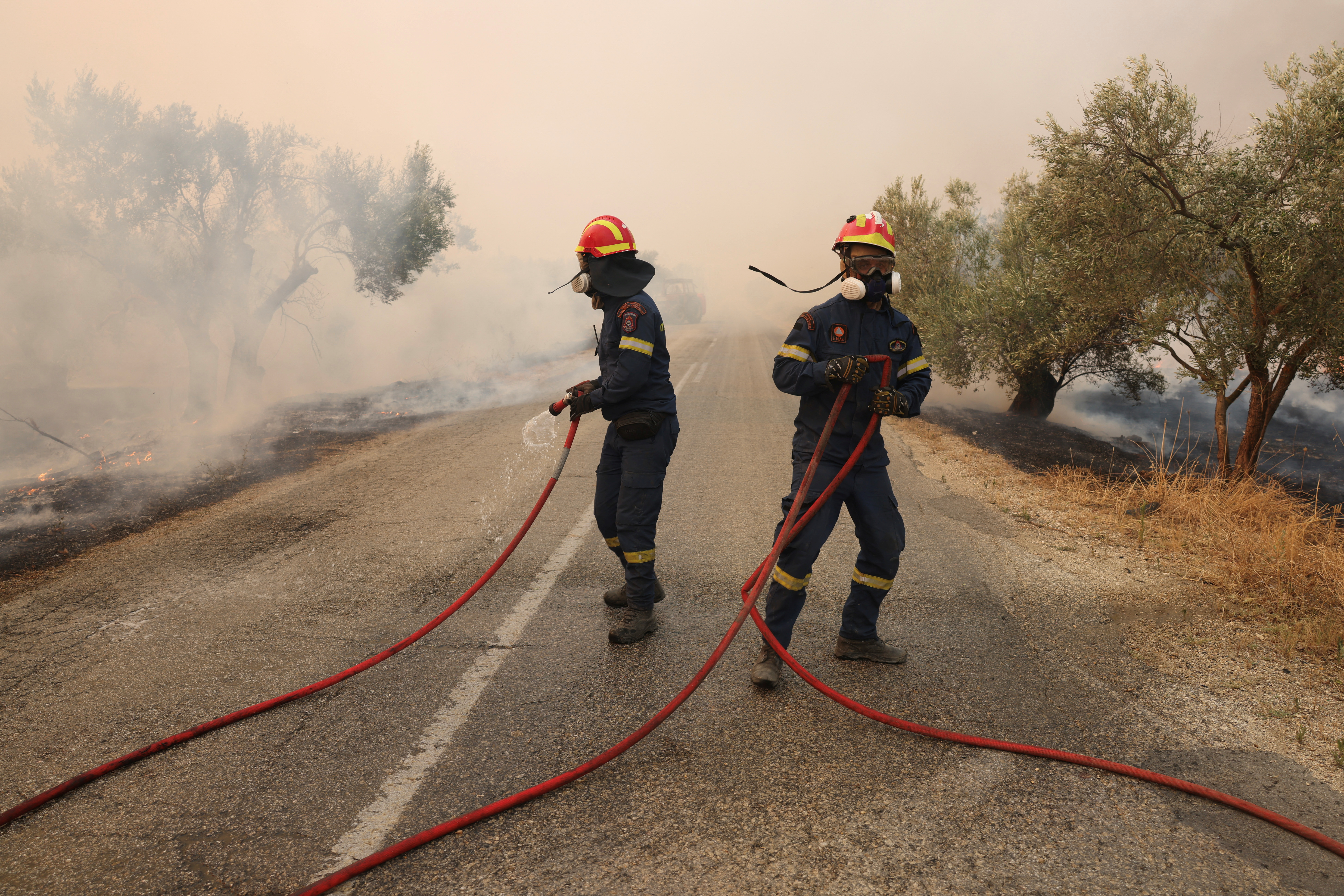 Firefighters try to tackle a wildfire raging in Alexandroupolis, on the region of Evros, Greece, August 22, 2023. REUTERS/Alexandros Avramidis