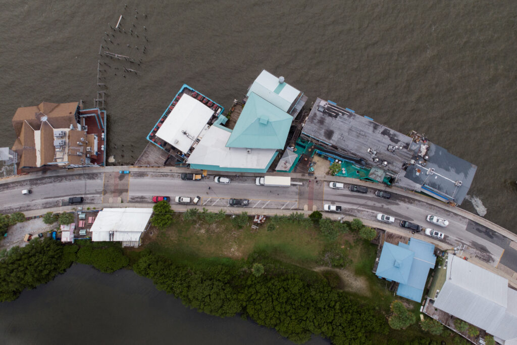 An aerial view of the commercial area around Cedar Key Fishing Pier ahead of the arrival of Hurricane Idalia, in Cedar Key, Florida, U.S., August 29, 2023. REUTERS/Marco Bello