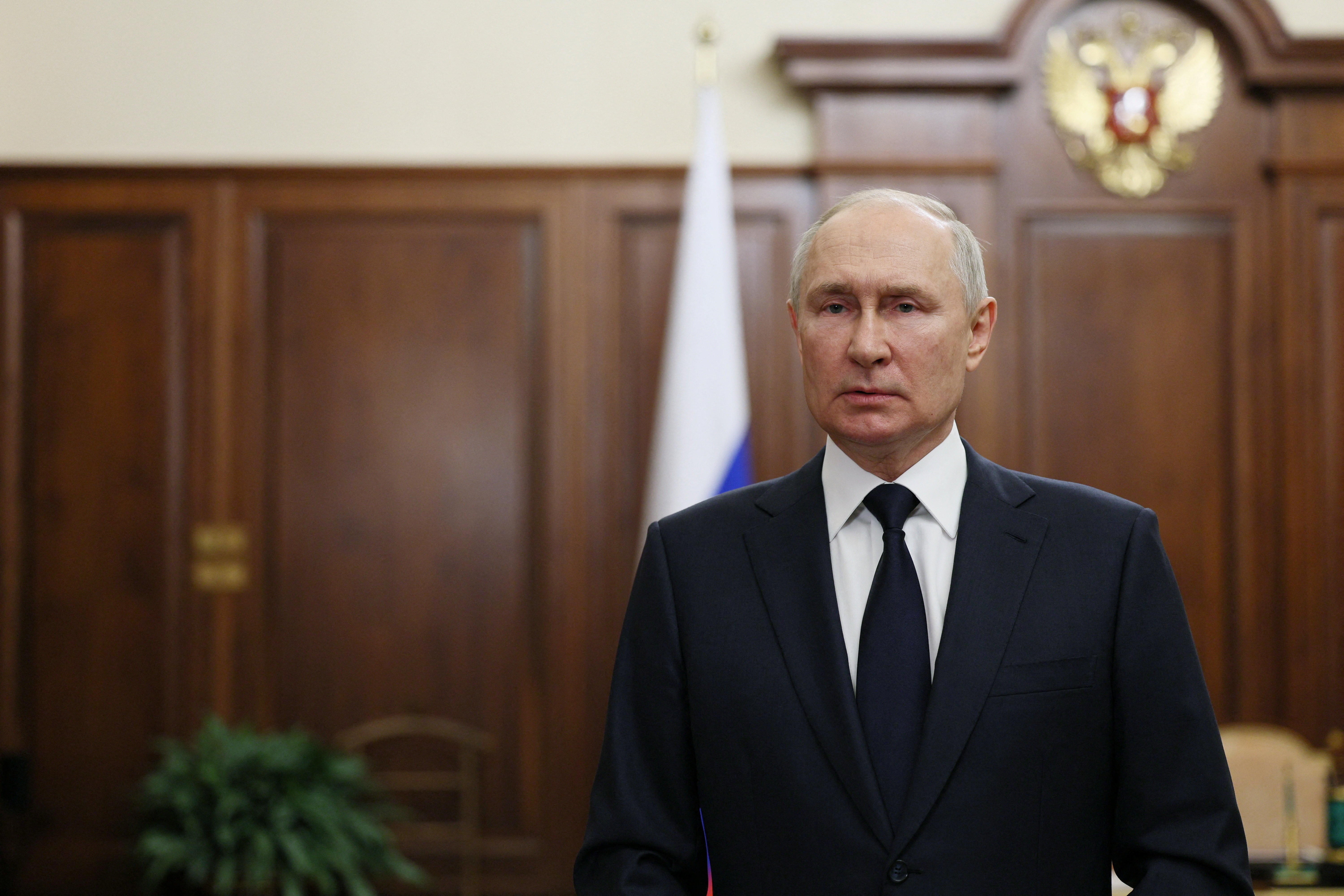 Russian President Vladimir Putin gives a televised address in Moscow, Russia, June 26, 2023. Sputnik/Gavriil Grigorov/Kremlin via REUTERS ATTENTION EDITORS - THIS IMAGE WAS PROVIDED BY A THIRD PARTY.