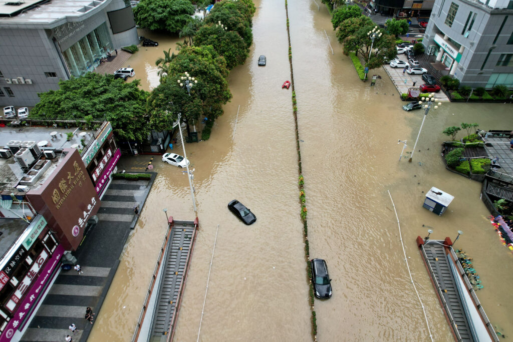 An aerial view shows flooding in Fuzhou after Typhoon Doksuri made landfall and brought heavy rainfall, in Fujian province, China July 29, 2023. cnsphoto via REUTERS   ATTENTION EDITORS - THIS IMAGE WAS PROVIDED BY A THIRD PARTY. CHINA OUT.