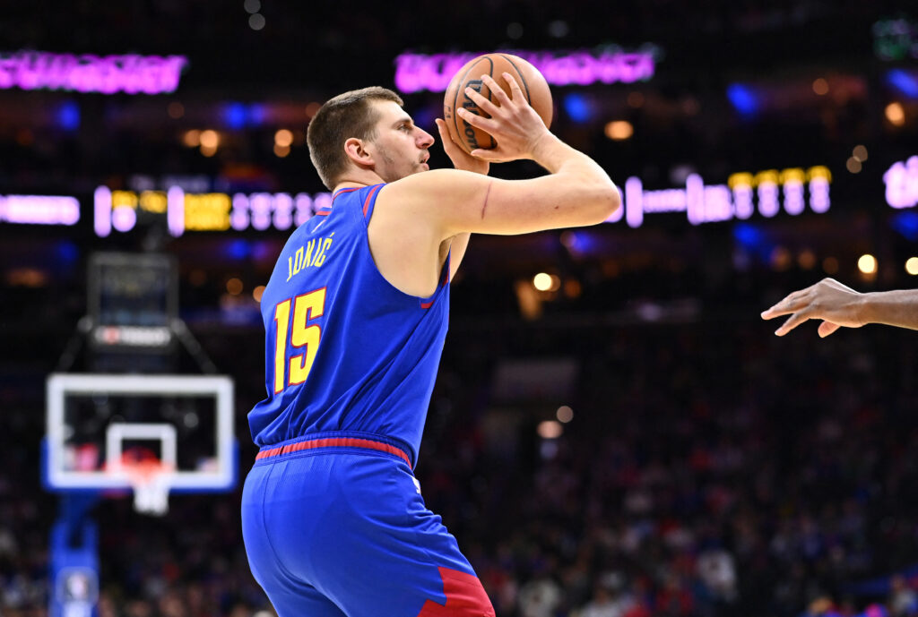 Jan 28, 2023; Philadelphia, Pennsylvania, USA; Denver Nuggets center Nikola Jokic (15) shoots the ball against the Philadelphia 76ers in the first quarter at Wells Fargo Center. Mandatory Credit: Kyle Ross-USA TODAY Sports