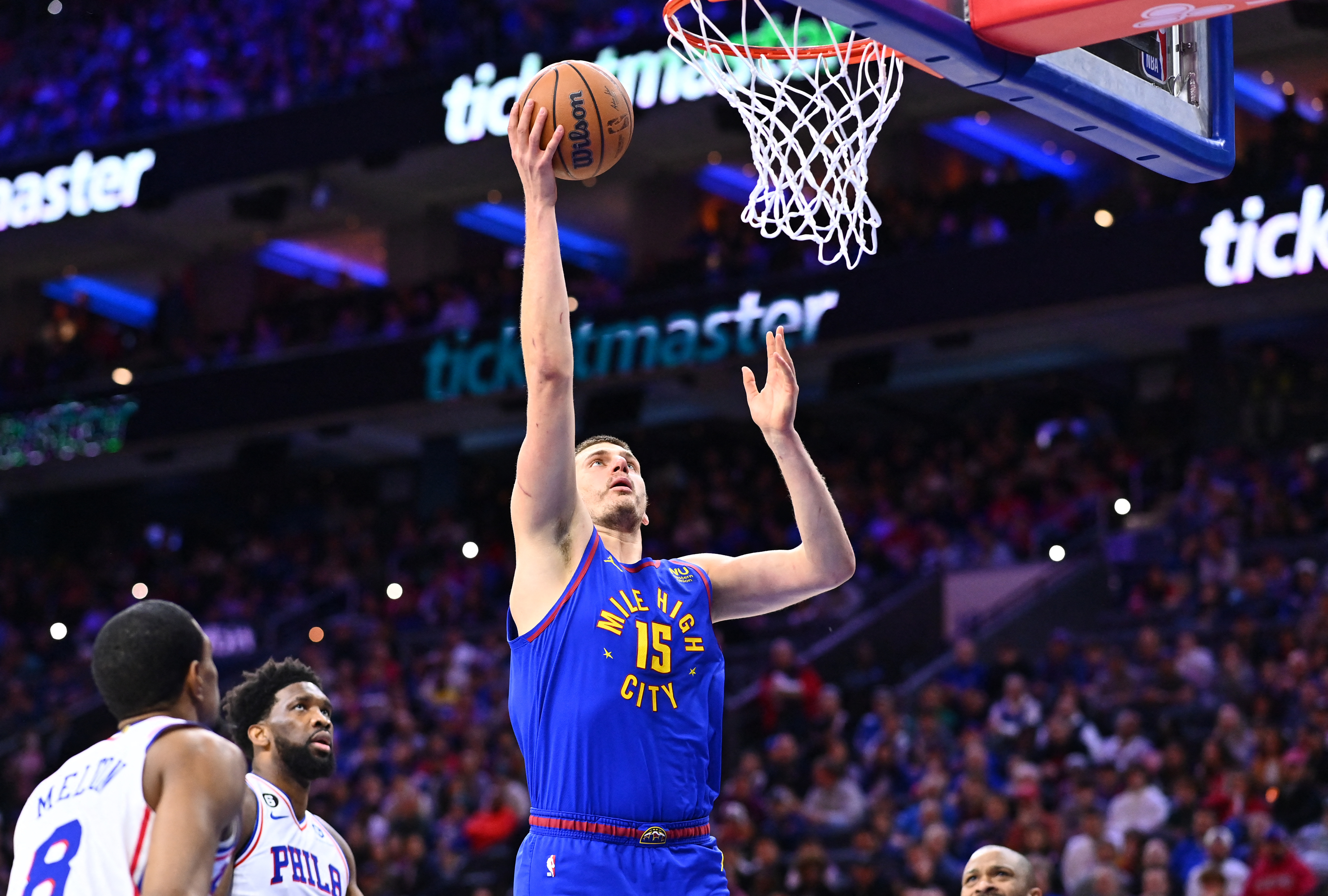 Jan 28, 2023; Philadelphia, Pennsylvania, USA; Denver Nuggets center Nikola Jokic (15) shoots the ball against the Philadelphia 76ers in the first quarter at Wells Fargo Center. Mandatory Credit: Kyle Ross-USA TODAY Sports