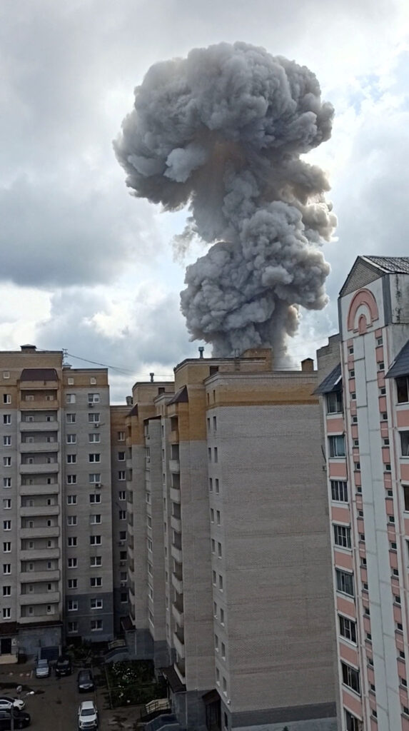 Smoke rises after an explosion in Sergiyev Posad, Russia, August 9, 2023, in this screen grab obtained from a social media video. bigkurs.ru/via REUTERS  THIS IMAGE HAS BEEN SUPPLIED BY A THIRD PARTY. MANDATORY CREDIT. NO RESALES. NO ARCHIVES.