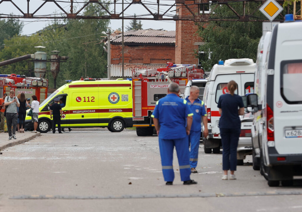 A view shows ambulances near the Zagorsk Optical-Mechanical Plant following a blast on its territory, in Sergiev Posad in the Moscow Region, Russia August 9, 2023. REUTERS/Stringer