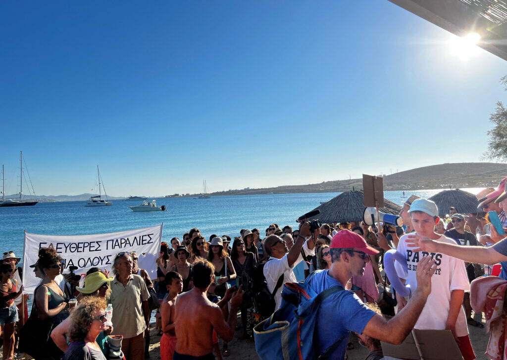 Protesters stage demonstration for free access to beaches on Marcello and Krios beaches, in Paros island, Greece, July 30, 2023. REUTERS/Ronit Nesher