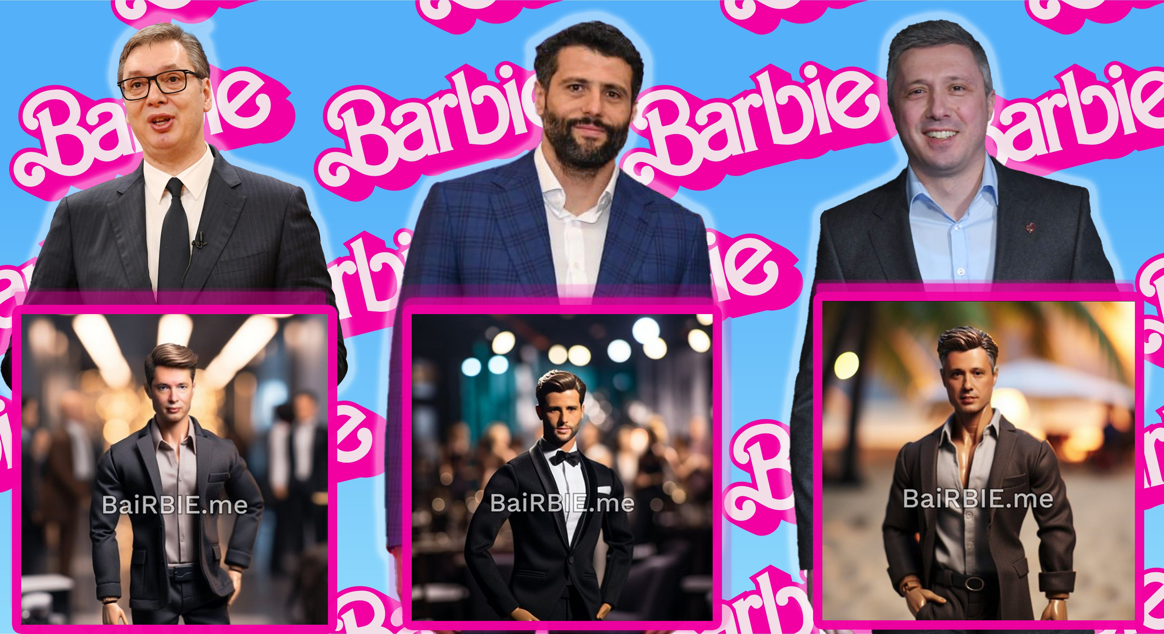 Aleksandar Vucic Aleksandar Sapic i Bosko Obradovic kao KEN Barbie The Movie Pink Logo Pattern on a Blue Gradient Background. A movie from Warner Bros starring Margot Robbie and Ken Ryan Gosling only in Theaters July 21