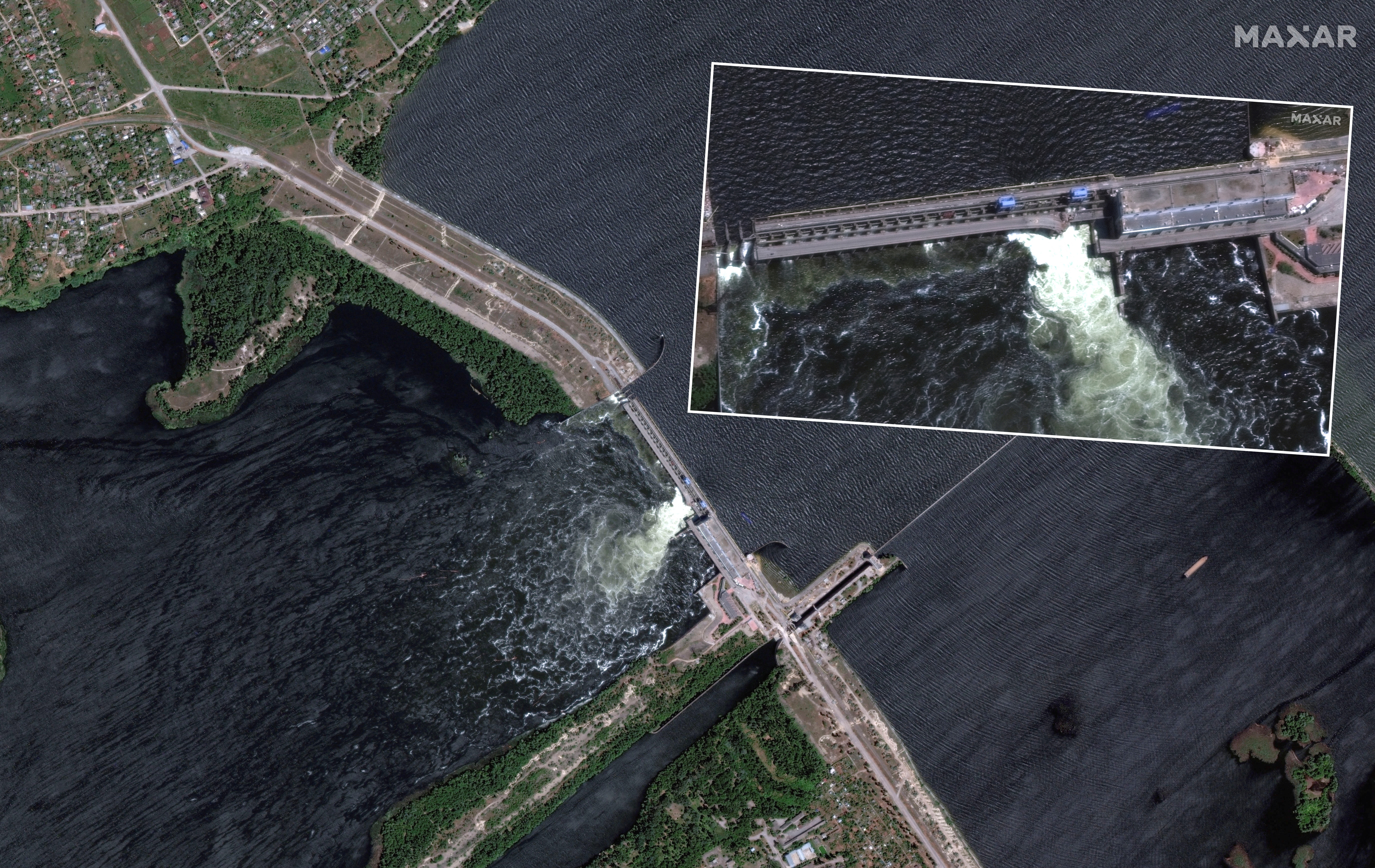 A satellite image shows Nova Kakhovka Dam in Kherson region, Ukraine June 5, 2023. Maxar Technologies/Handout via REUTERS    THIS IMAGE HAS BEEN SUPPLIED BY A THIRD PARTY.  NO RESALES. NO ARCHIVES. MUST NOT OBSCURE LOGO.