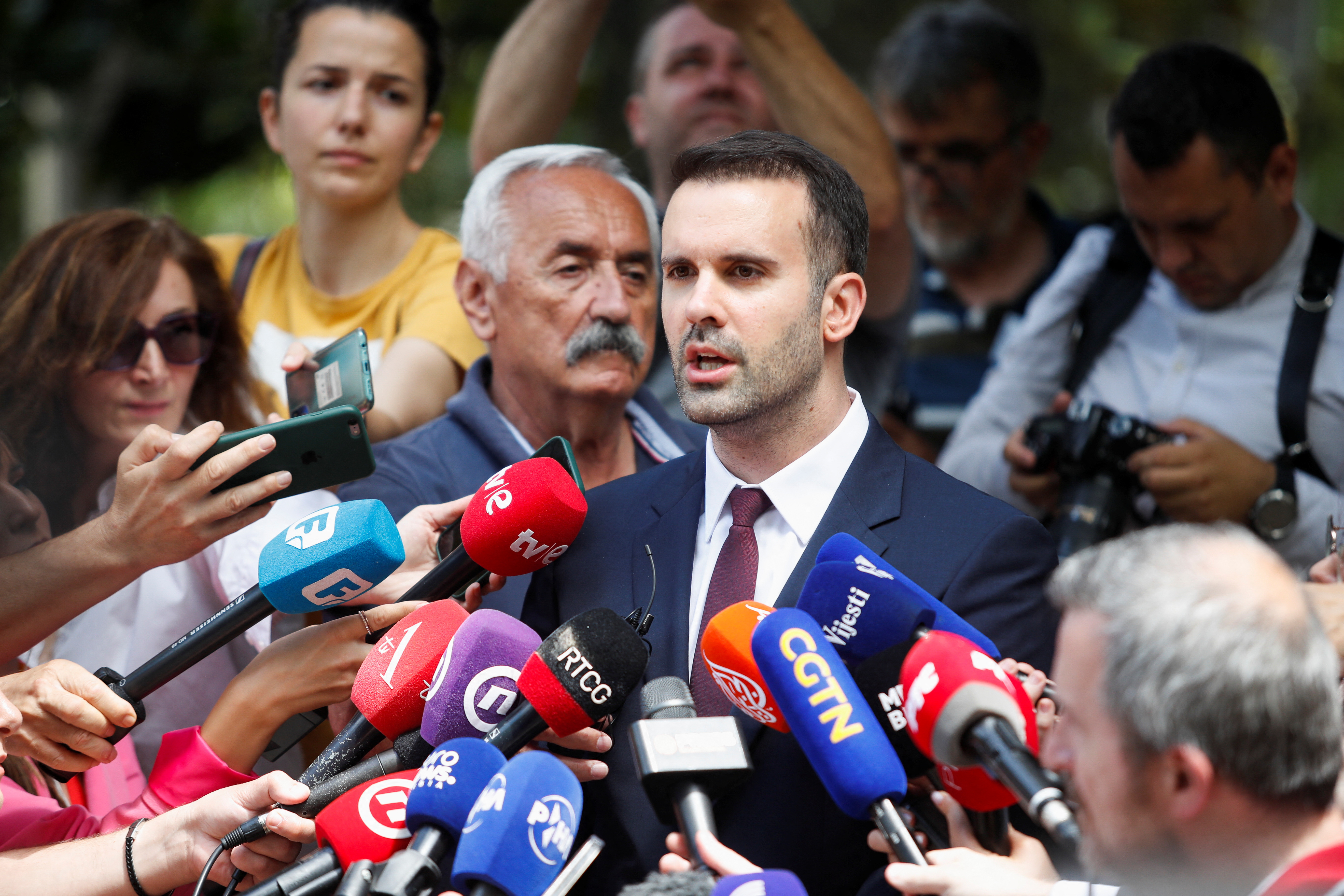 Milojko Spajic, leader of Europe Now Movement speaks to the media at a polling station during snap parliamentary elections in Podgorica, Montenegro, June 11, 2023. REUTERS/Stevo Vasiljevic