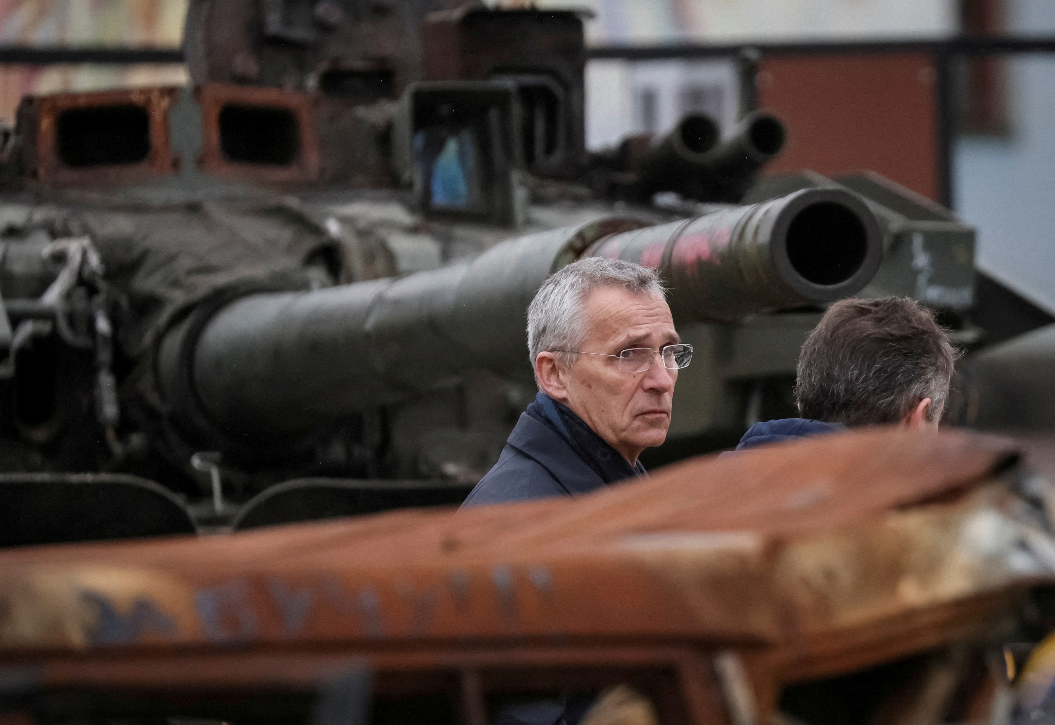NATO Secretary-General Jens Stoltenberg visits an exhibition displaying destroyed Russian military vehicles, amid Russia's attack on Ukraine, in central Kyiv, Ukraine April 20, 2023. REUTERS/Gleb Garanich     TPX IMAGES OF THE DAY