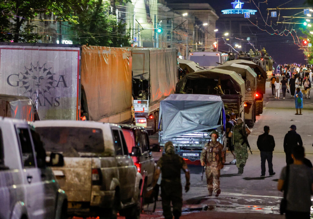 Fighters of Wagner private mercenary group pull out of the headquarters of the Southern Military District to return to base, in the city of Rostov-on-Don, Russia, June 24, 2023. REUTERS/Alexander Ermochenko