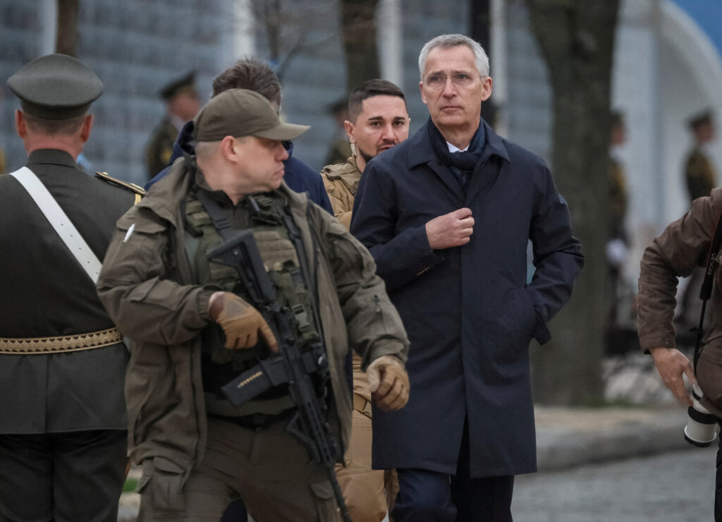 NATO Secretary-General Jens Stoltenberg visits the Wall of Remembrance to pay tribute to killed Ukrainian soldiers, amid Russia's attack on Ukraine, in Kyiv, Ukraine April 20, 2023. REUTERS/Gleb Garanich