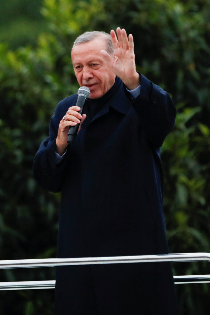 Turkish President Tayyip Erdogan addresses his supporters following early exit poll results for the second round of the presidential election in Istanbul, Turkey May 28, 2023. REUTERS/Murad Sezer