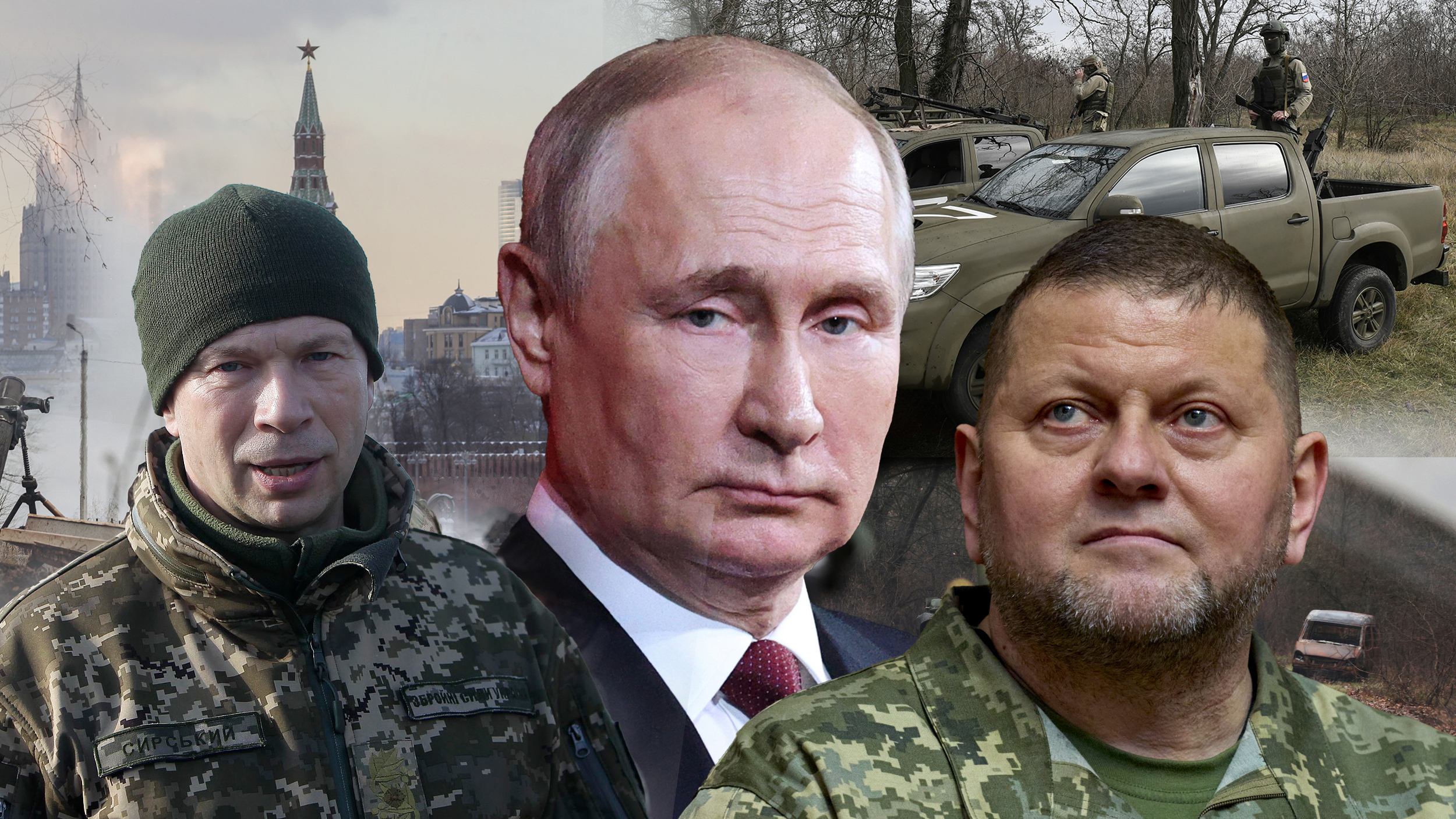 Može kombo - Putin u sredini, a sa strane Aleksandar Sirski i Valerij Zalužni, a u pozadini rat