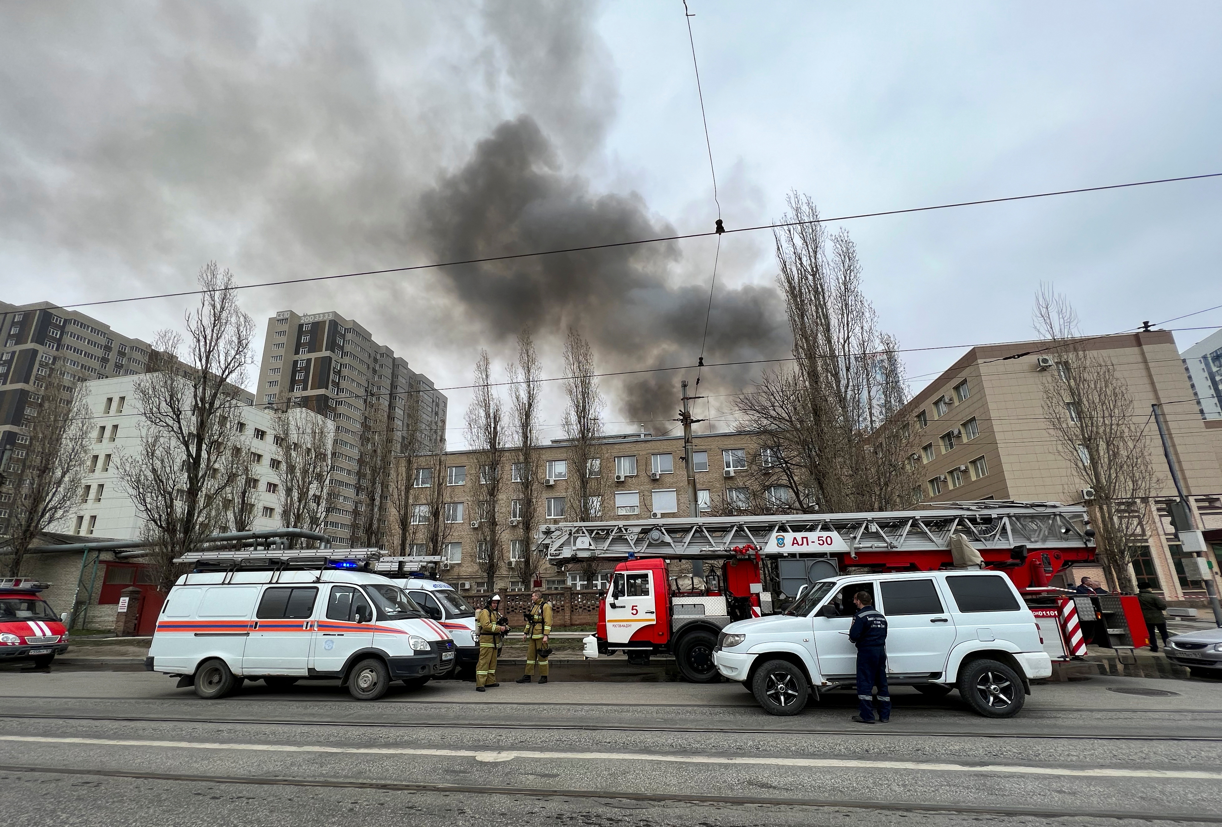 Smoke rises near a building belonging to the border patrol section of Russia's FSB federal security service in the southern city of Rostov-on-Don, Russia, March 16, 2023. REUTERS/Sergey Pivovarov