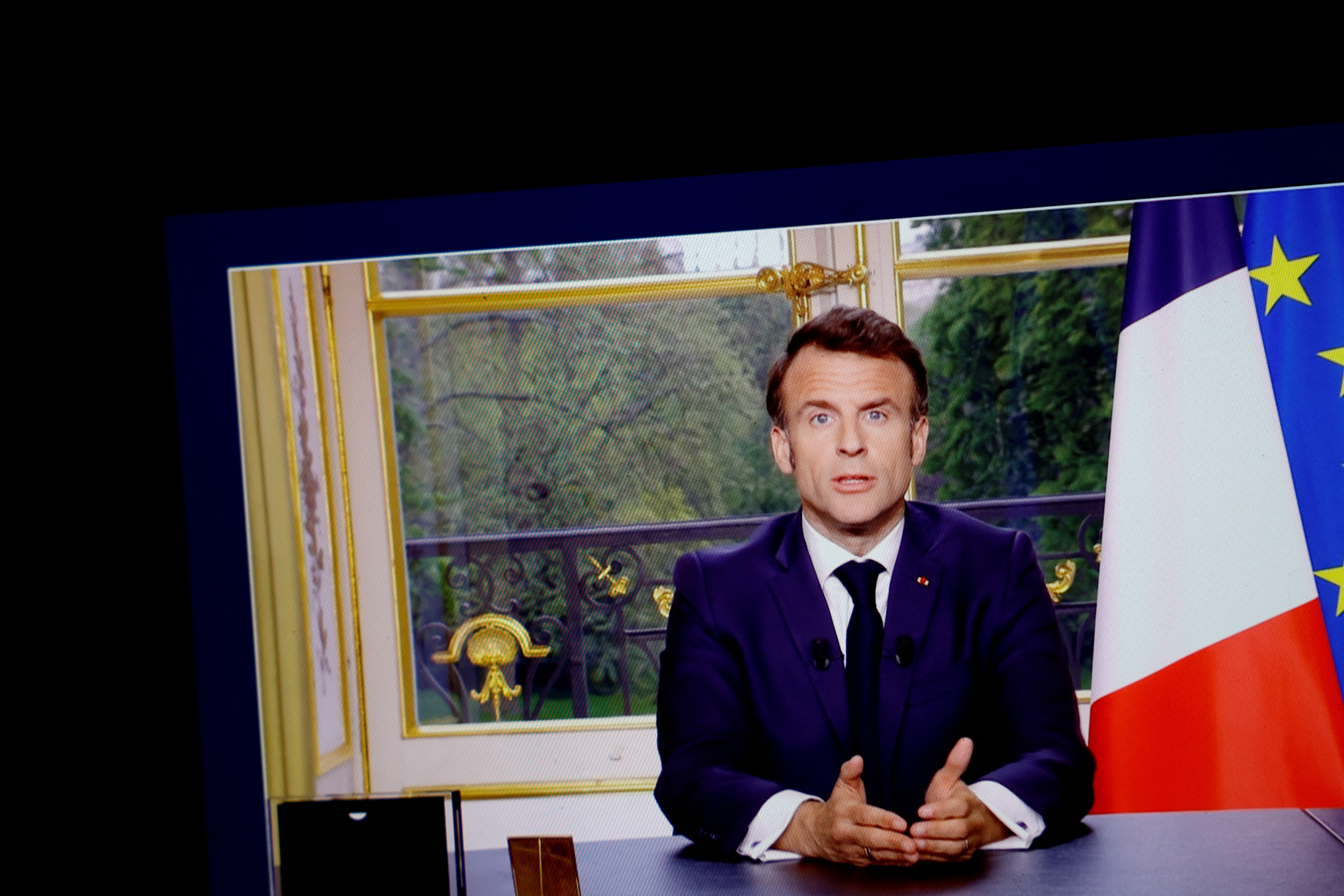 French President Macron addresses the French nation after the pension reform becomes officially law
