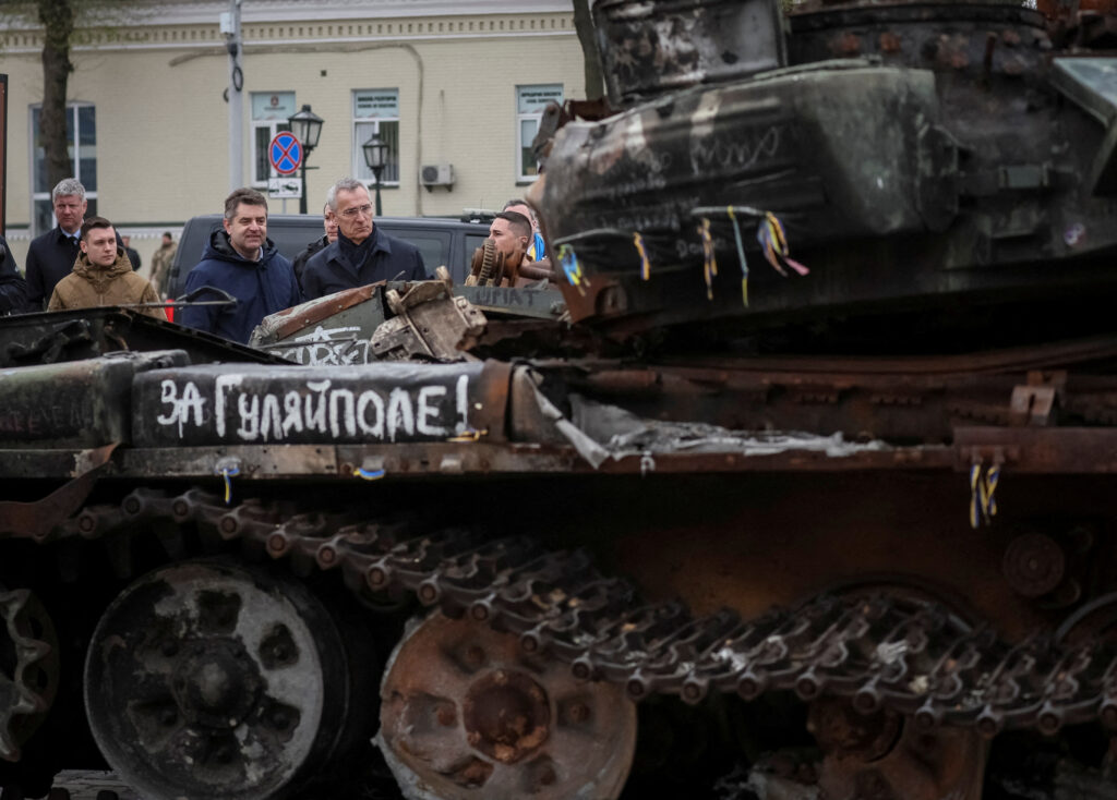 NATO Secretary-General Jens Stoltenberg visits an exhibition displaying destroyed Russian military vehicles, amid Russia's attack on Ukraine, in central Kyiv, Ukraine April 20, 2023. REUTERS/Gleb Garanich