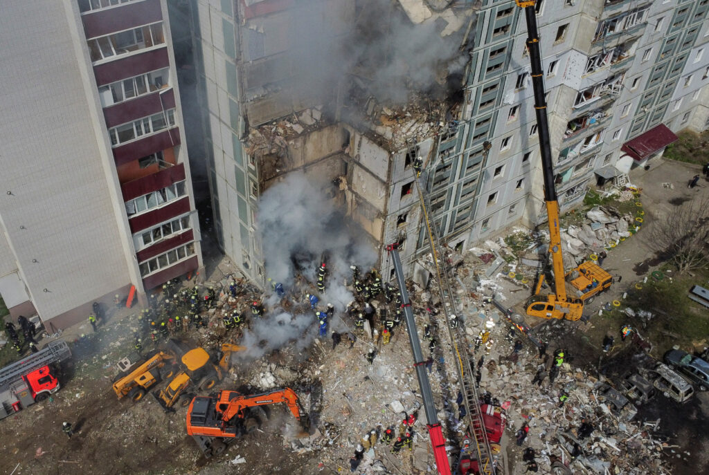 An aerial view shows a residential building heavily damaged by a Russian missile, amid Russia's attack on Ukraine, in the town of Uman, Cherkasy region, Ukraine April 28, 2023. REUTERS/Yan Dobronosov