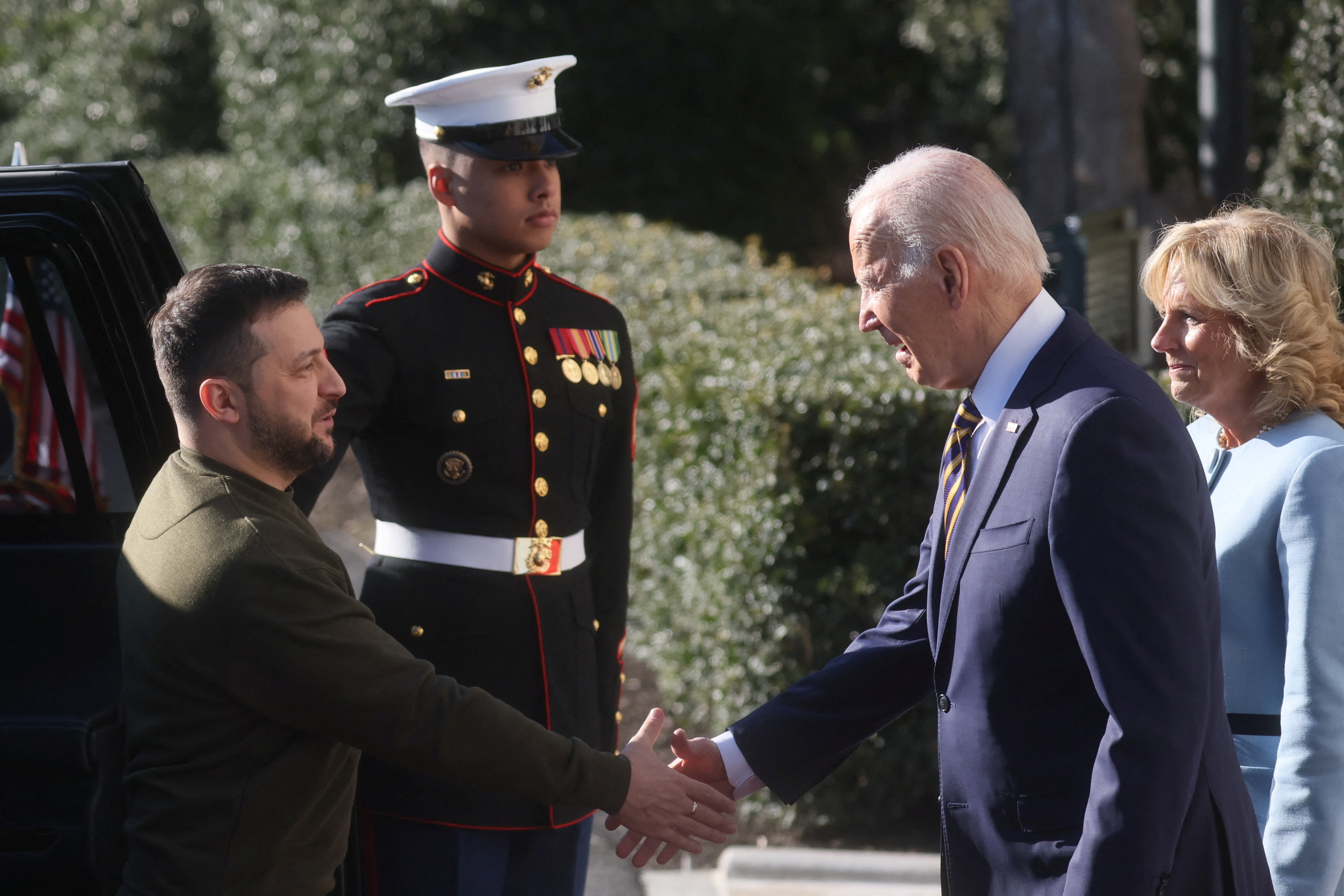U.S. President Joe Biden and first lady Jill Biden welcome Ukraine's President Volodymyr Zelenskiy on the South Lawn at the White House in Washington, U.S., December 21, 2022. REUTERS/Leah Millis