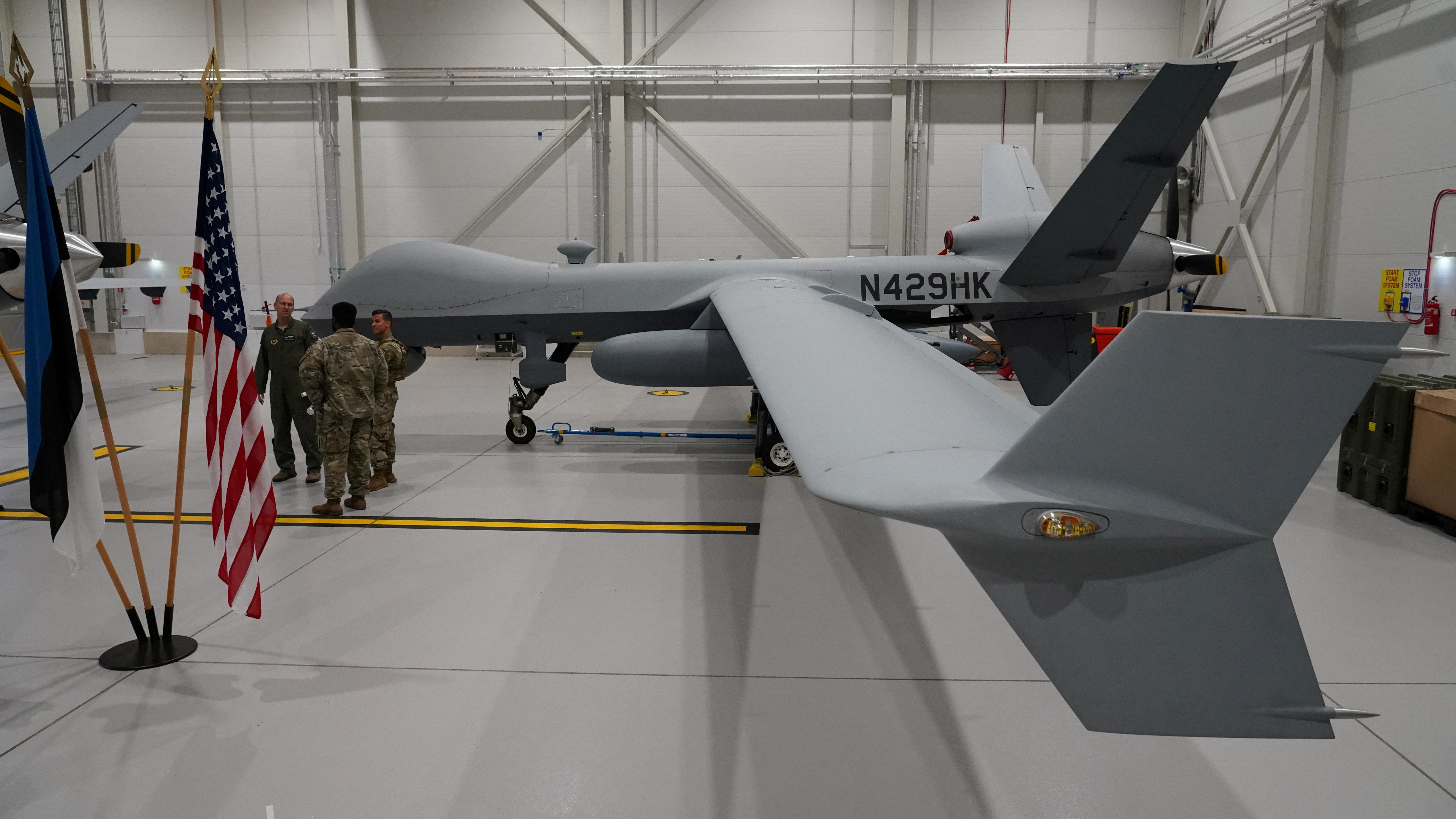 FILE PHOTO: A U.S. Air Force MQ-9 Reaper drone sits in a hanger at Amari Air Base, Estonia, July 1, 2020.  U.S. unmanned aircraft are deployed in Estonia to support NATO's intelligence gathering missions in the Baltics. REUTERS/Janis Laizans/File Photo