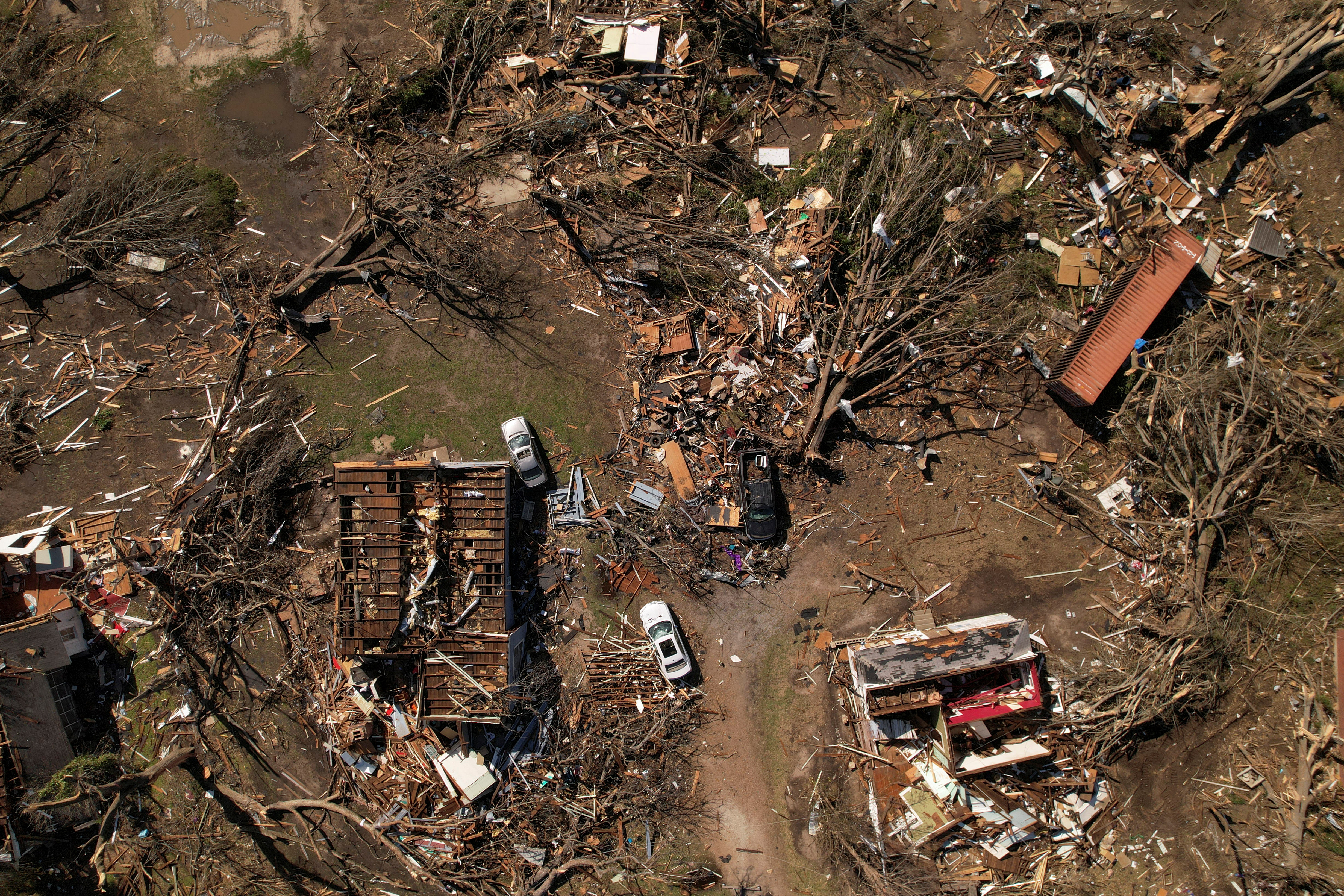 An aerial view of destroyed homes after thunderstorms spawning high straight-line winds and tornadoes ripped across the state in Rolling Fork, Mississippi, U.S. March 25, 2023. REUTERS/Cheney Orr