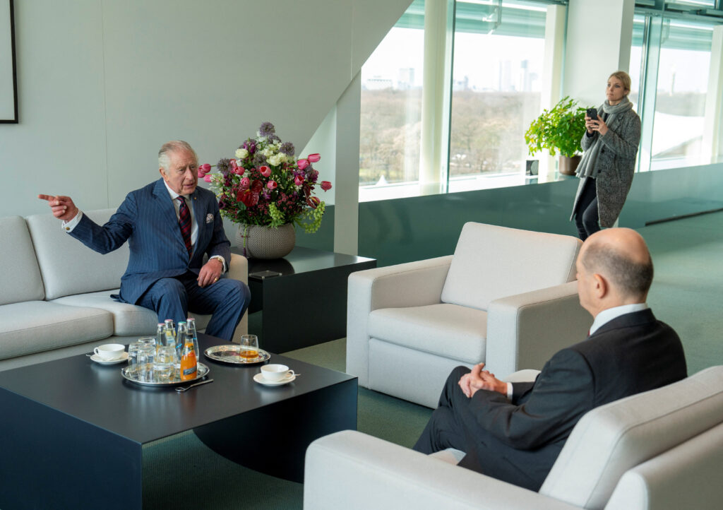 Britain's King Charles meets German Chancellor Olaf Scholz, in the Federal Chancellery building for a bilateral meeting in Berlin, Germany March 30, 2023. Arthur Edwards/Pool via REUTERS