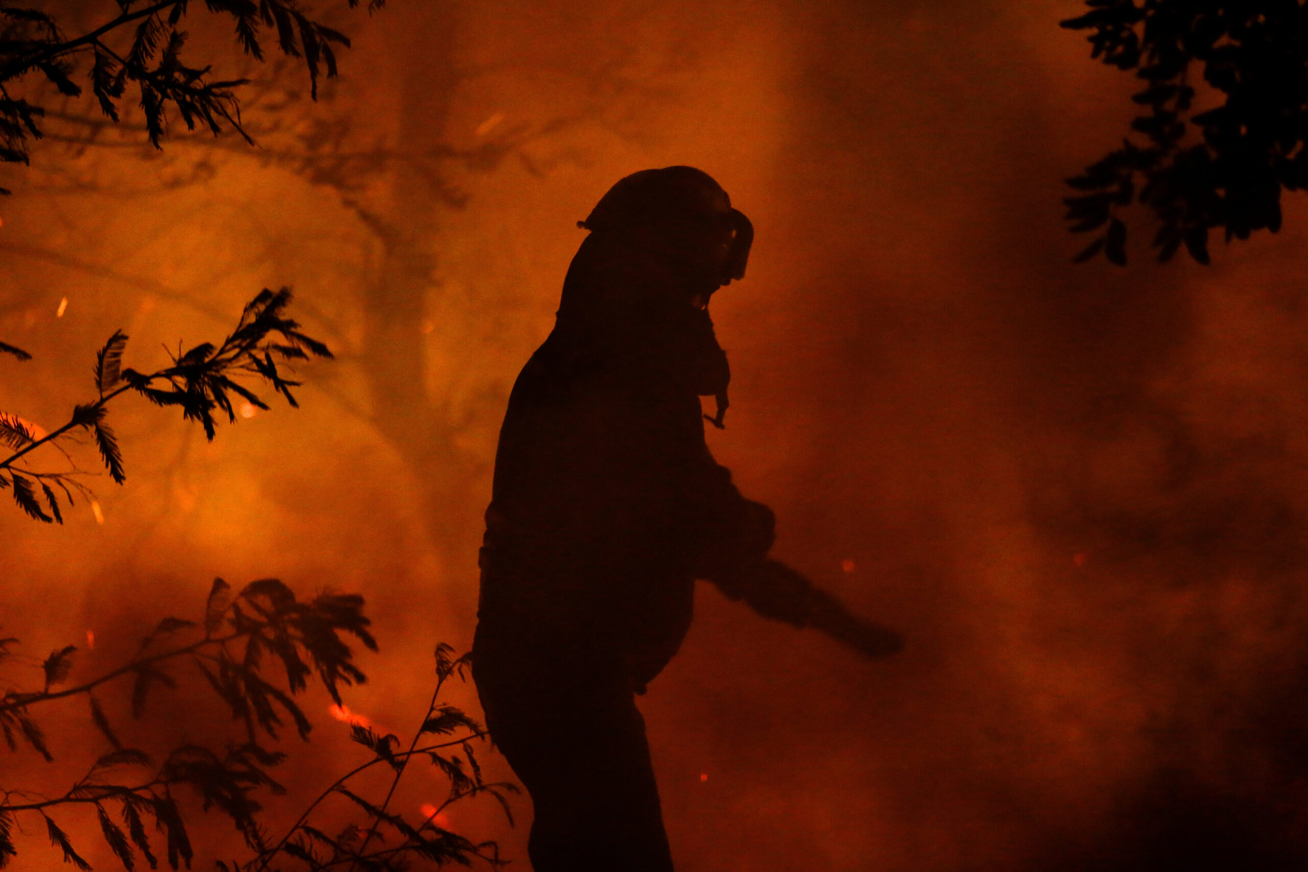 A firefighter works, as a wildfire burns parts of rural areas in Quillon, Chile, February 2, 2023 REUTERS/Juan Gonzalez