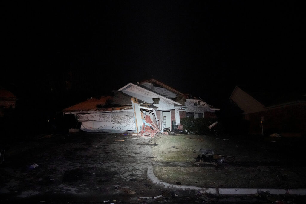 A home that was destroyed by a tornado is seen in Norman, Oklahoma, U.S. February 27, 2023. REUTERS/Nick Oxford