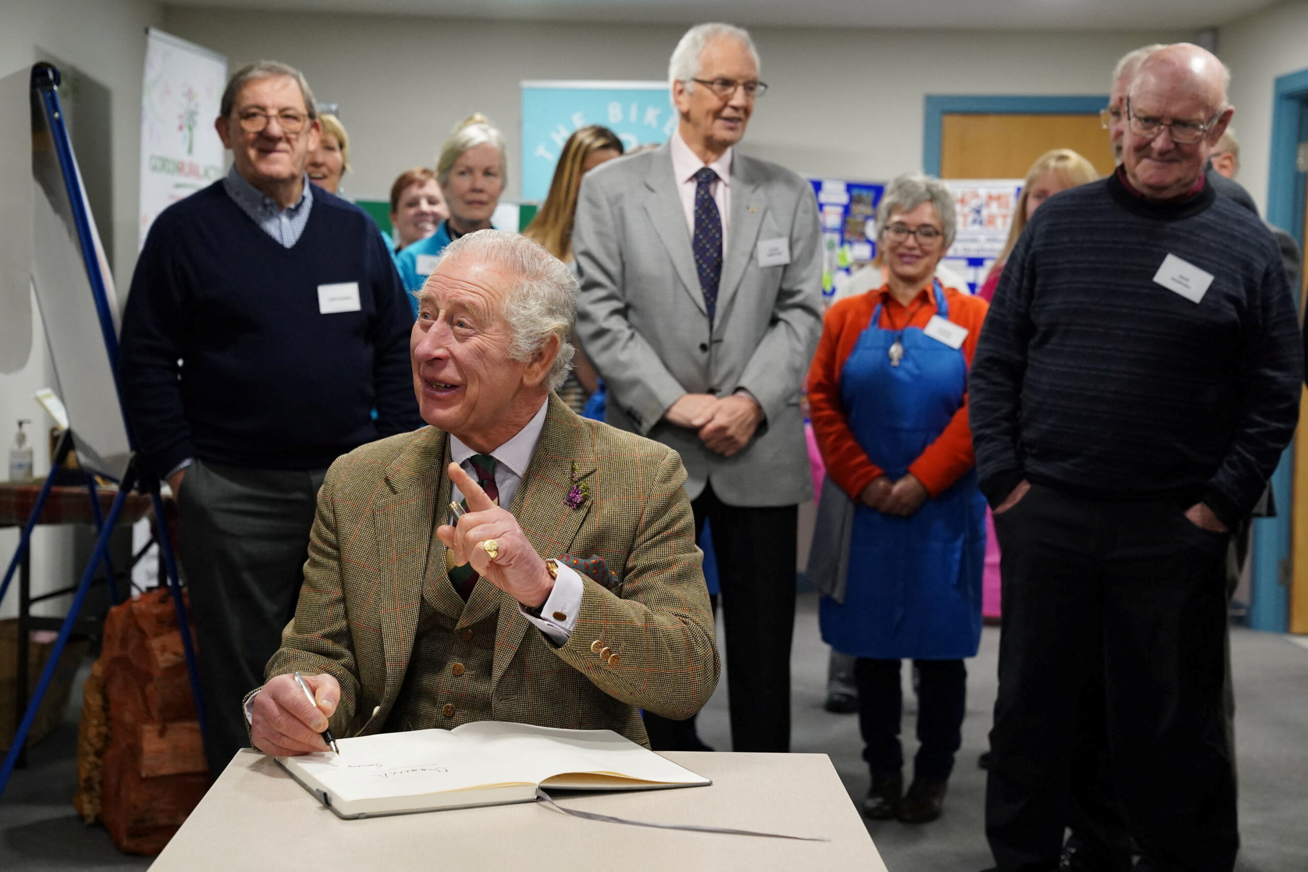 Britain's King Charles III visits Aboyne and Mid Deeside Community Shed to meet with local hardship support groups and tour the new facilities, in Aboyne, Aberdeenshire, Britain, January 12, 2023. Andrew Milligan/Pool via REUTERS