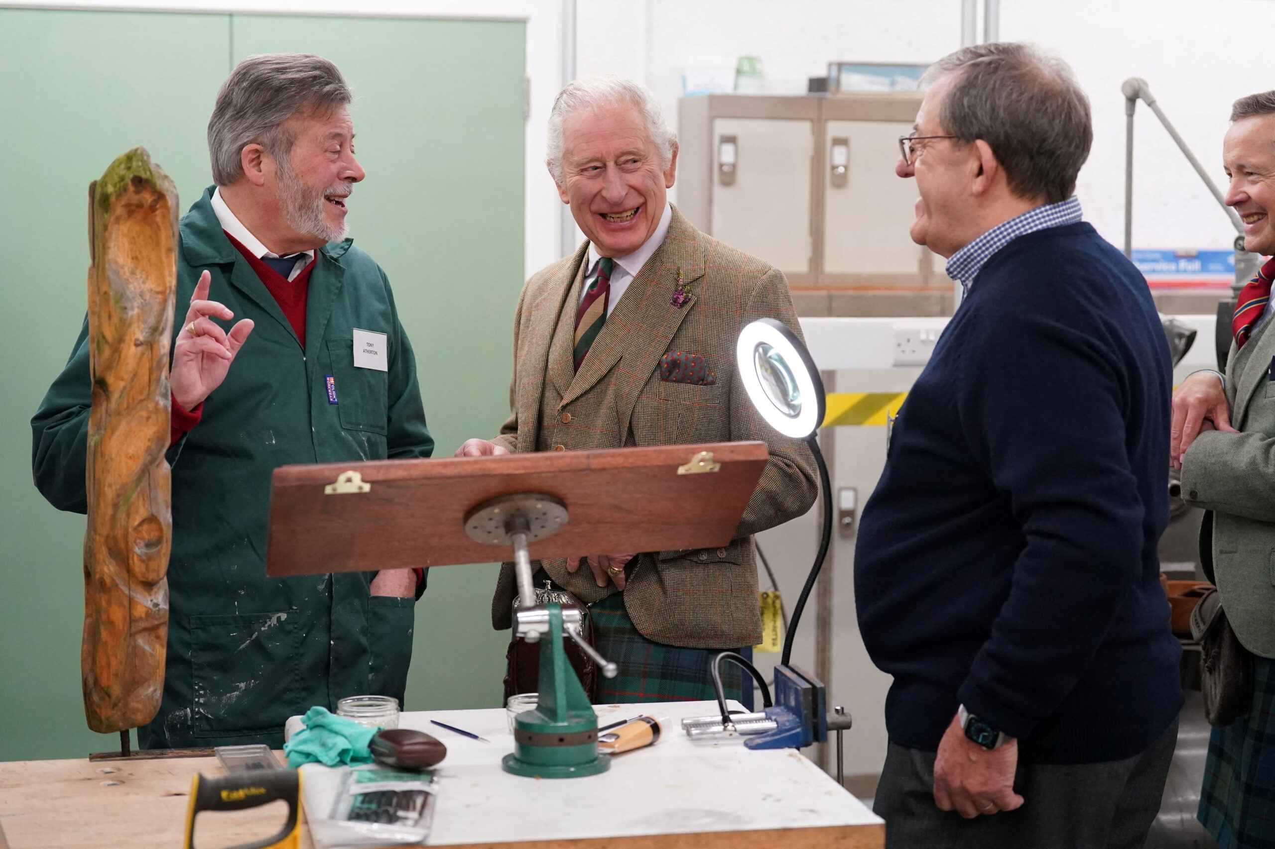 Britain's King Charles III visits Aboyne and Mid Deeside Community Shed to meet with local hardship support groups and tour the new facilities, in Aboyne, Aberdeenshire, Britain, January 12, 2023. Andrew Milligan/Pool via REUTERS