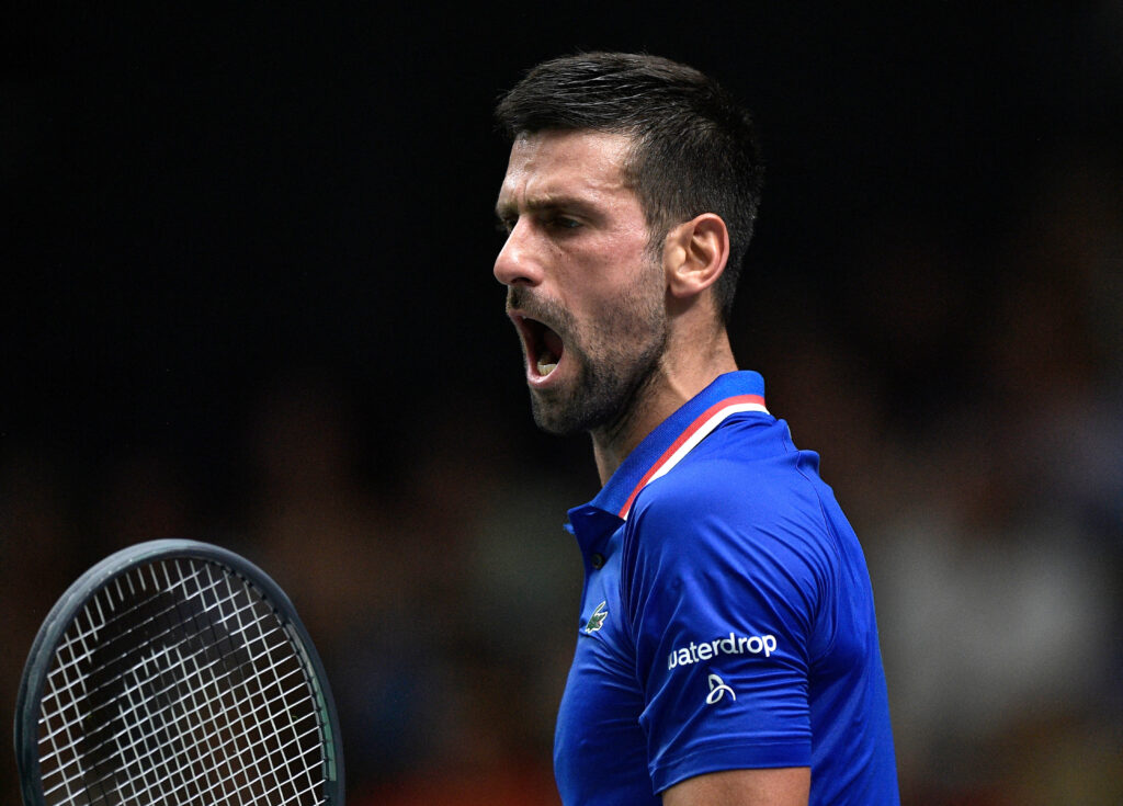 Tennis - Davis Cup - Finals - Spain v Serbia - Pabellon Fuente de San Luis, Valencia, Spain - September 15, 2023 Serbia’s Novak Djokovic reacts during his match against Spain’s Alejandro Davidovich Fokina REUTERS/Pablo Morano