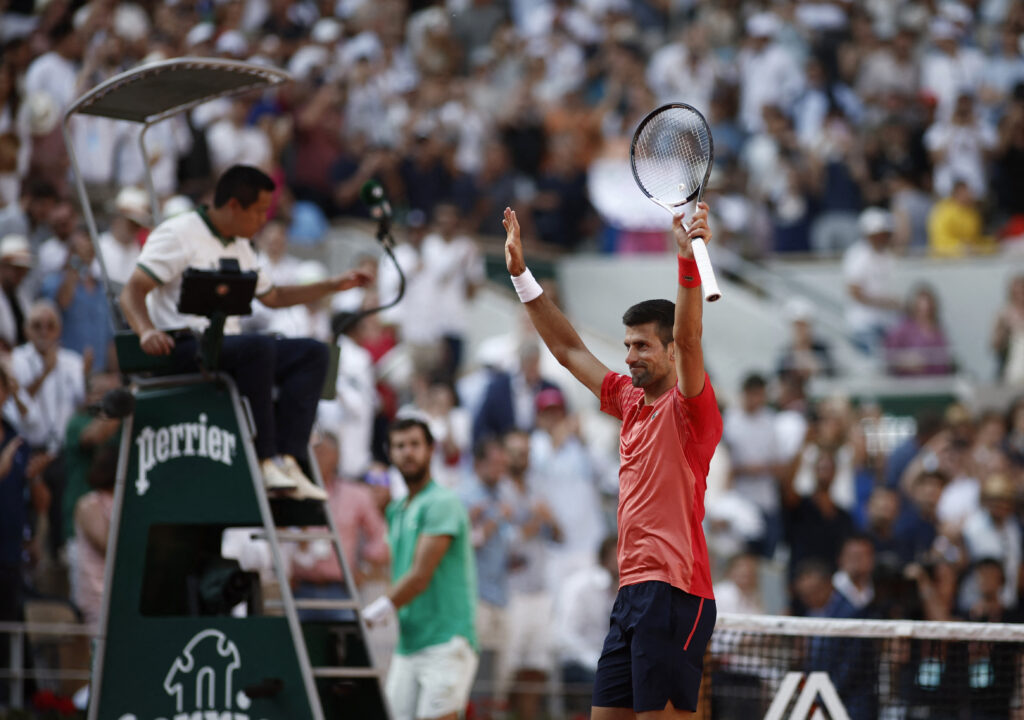 Tennis - French Open - Roland Garros, Paris, France - June 6, 2023 Serbia's Novak Djokovic celebrates winning his quarter final match against Russia's Karen Khachanov REUTERS/Benoit Tessier