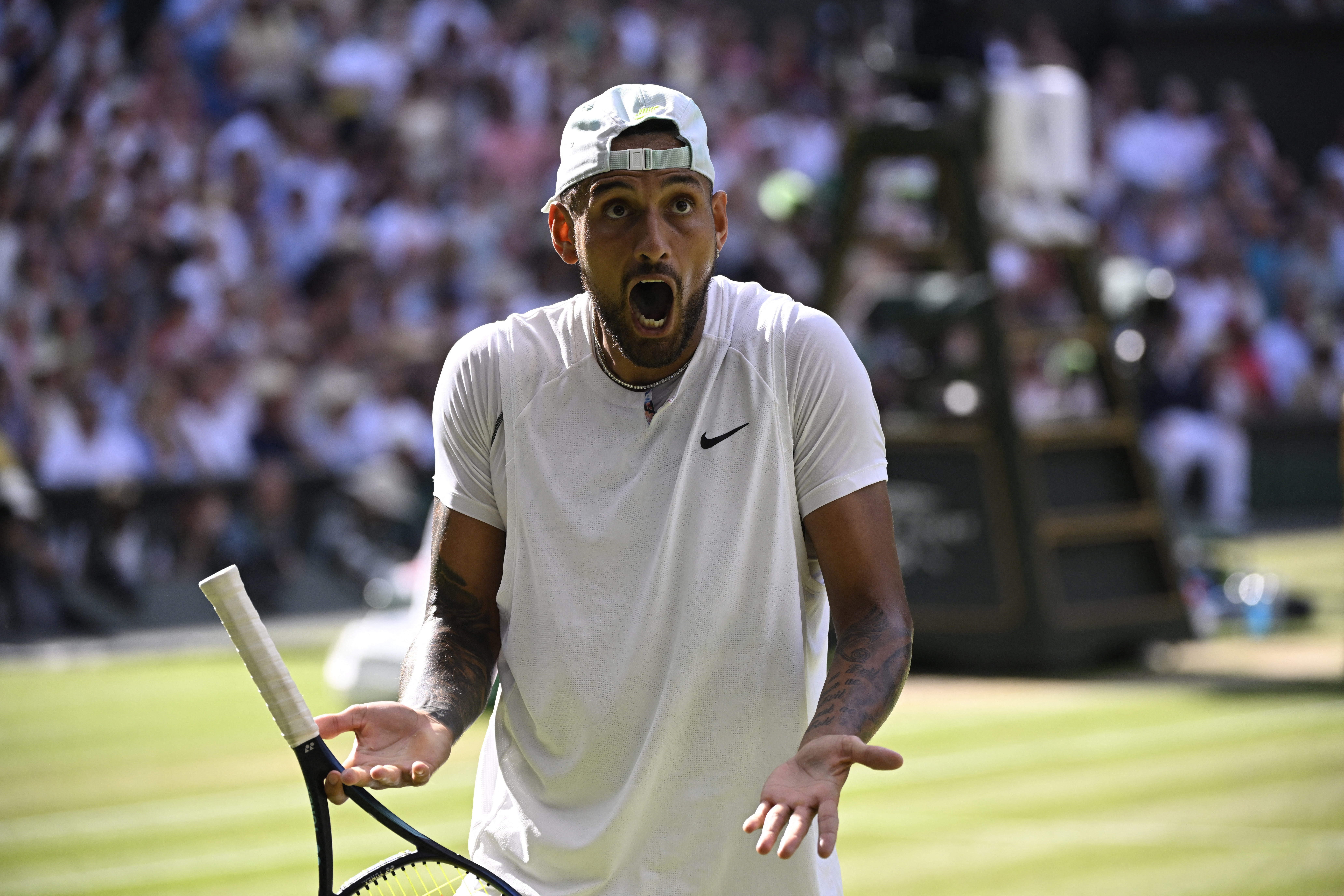 Tennis - Wimbledon - All England Lawn Tennis and Croquet Club, London, Britain - July 10, 2022 Australia's Nick Kyrgios reacts during the men's singles final against Serbia's Novak Djokovic REUTERS/Toby Melville