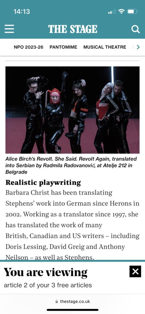 Predstava "Revolt"
Atelje 212
šaljem stranicu iz britanskog časopisa The Stage