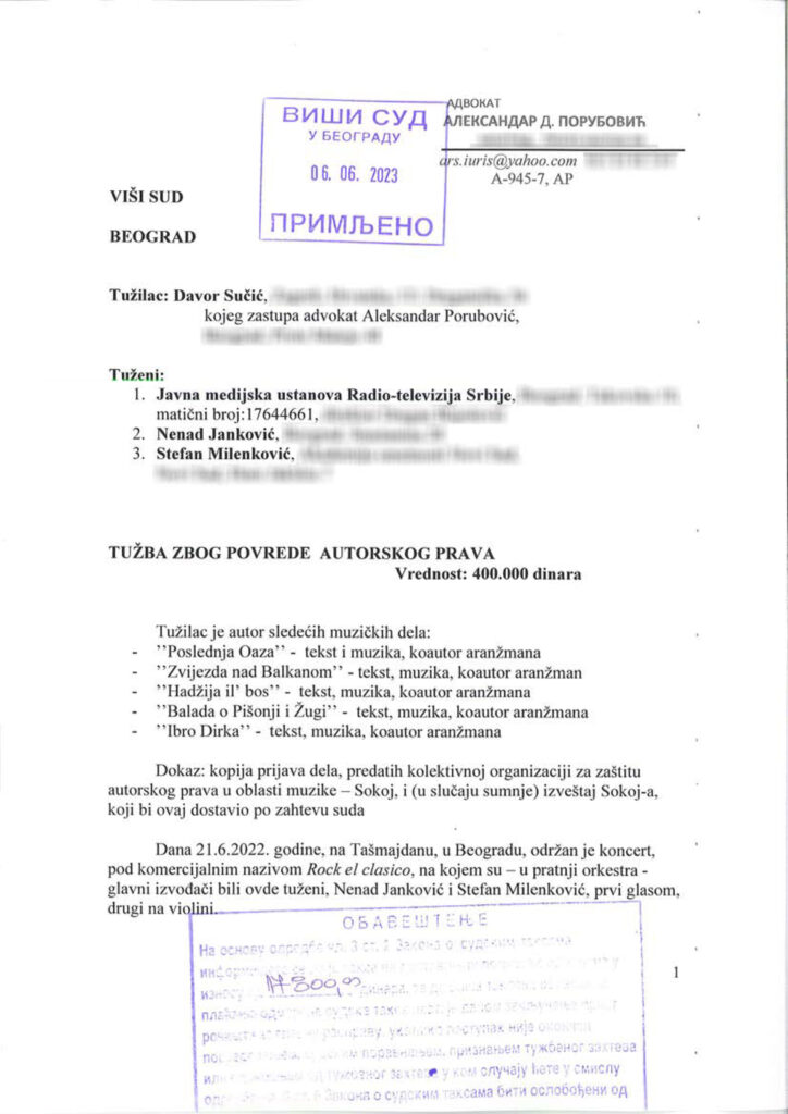 Sejo Sekson, Stefan Milenković i Nele Karajlić tuzba rts