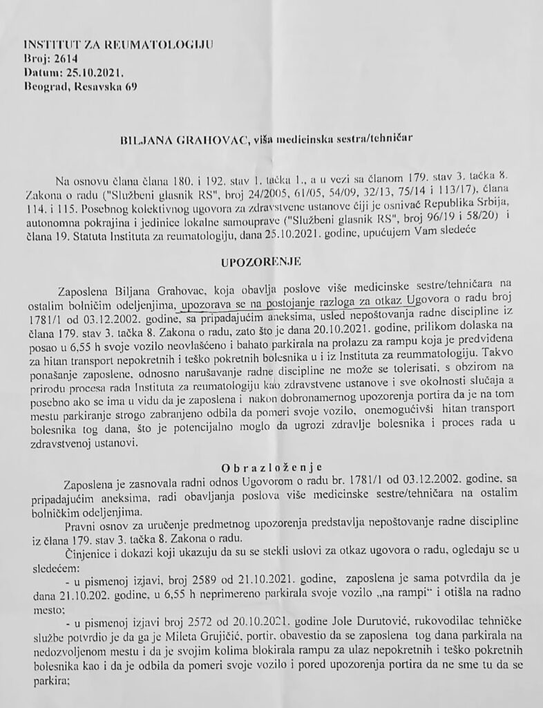 medicinska sestra Biljana Grahovac papiri dokumenta , institut za reumatologiju, dr Goran Radunović