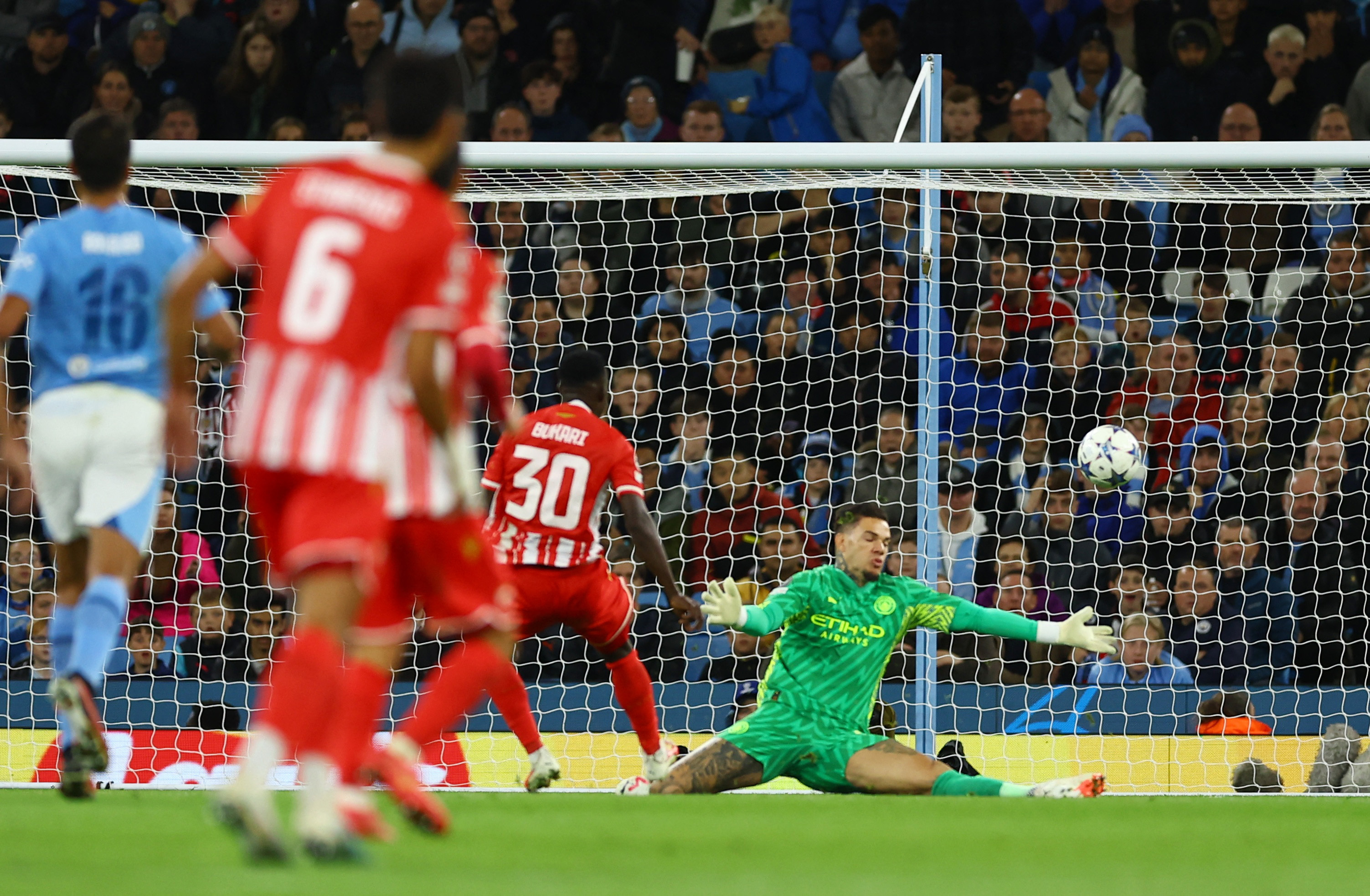 Soccer Football - Champions League - Group G - Manchester City v Crvena Zvezda - Etihad Stadium, Manchester, Britain - September 19, 2023 Crvena Zvezda's Osman Bukari scores their first goal past Manchester City's Ederson REUTERS/Molly Darlington