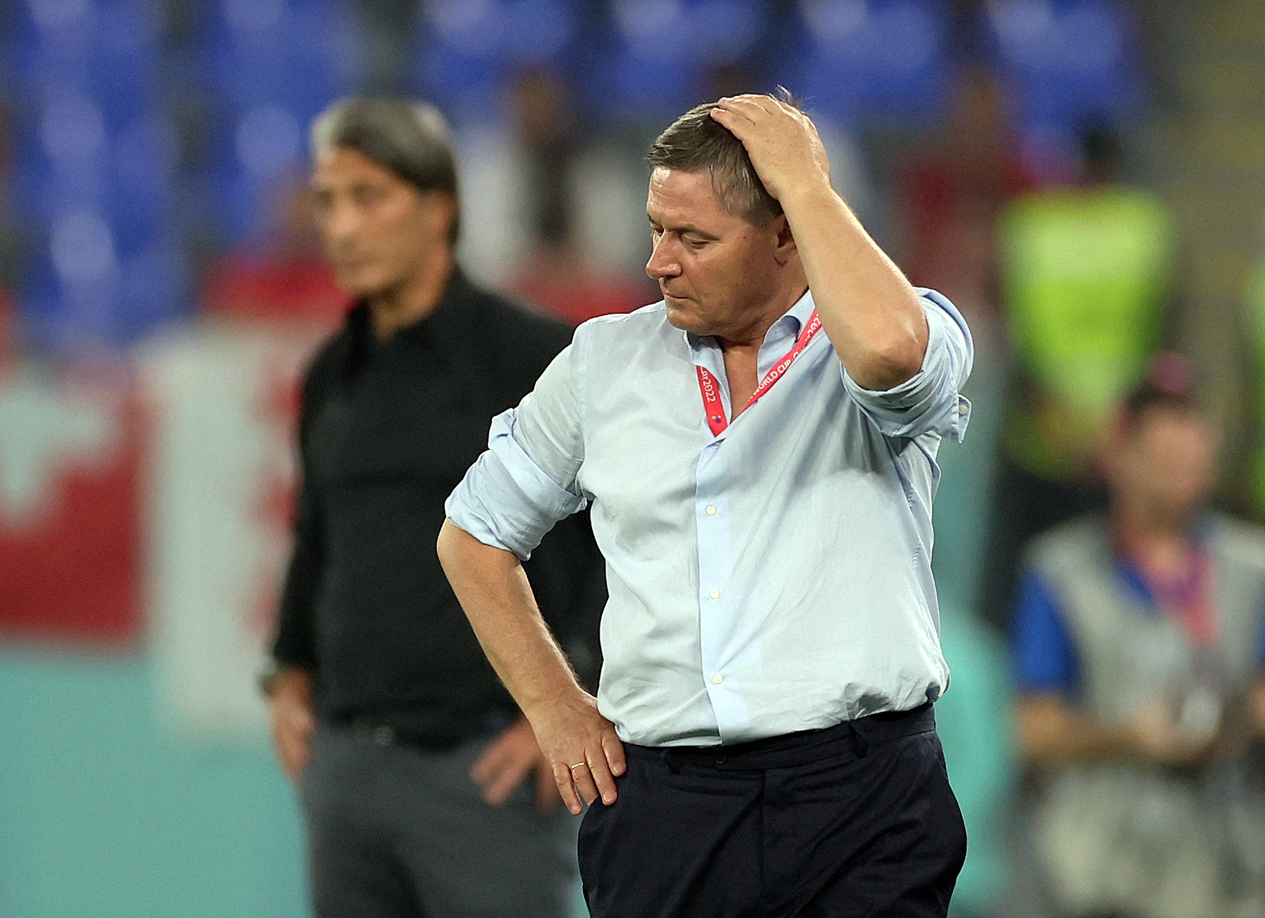 Soccer Football - FIFA World Cup Qatar 2022 - Group G - Serbia v Switzerland - Stadium 974, Doha, Qatar - December 3, 2022 Serbia coach Dragan Stojkovic looks dejected REUTERS/Carl Recine