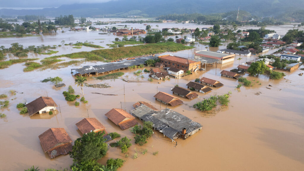 An aerial view shows a flooded area after heavy rains in Canelinha, in Santa Catarina state, Brazil, December 1, 2022. REUTERS/Anderson Coelho NO RESALES. NO ARCHIVES.