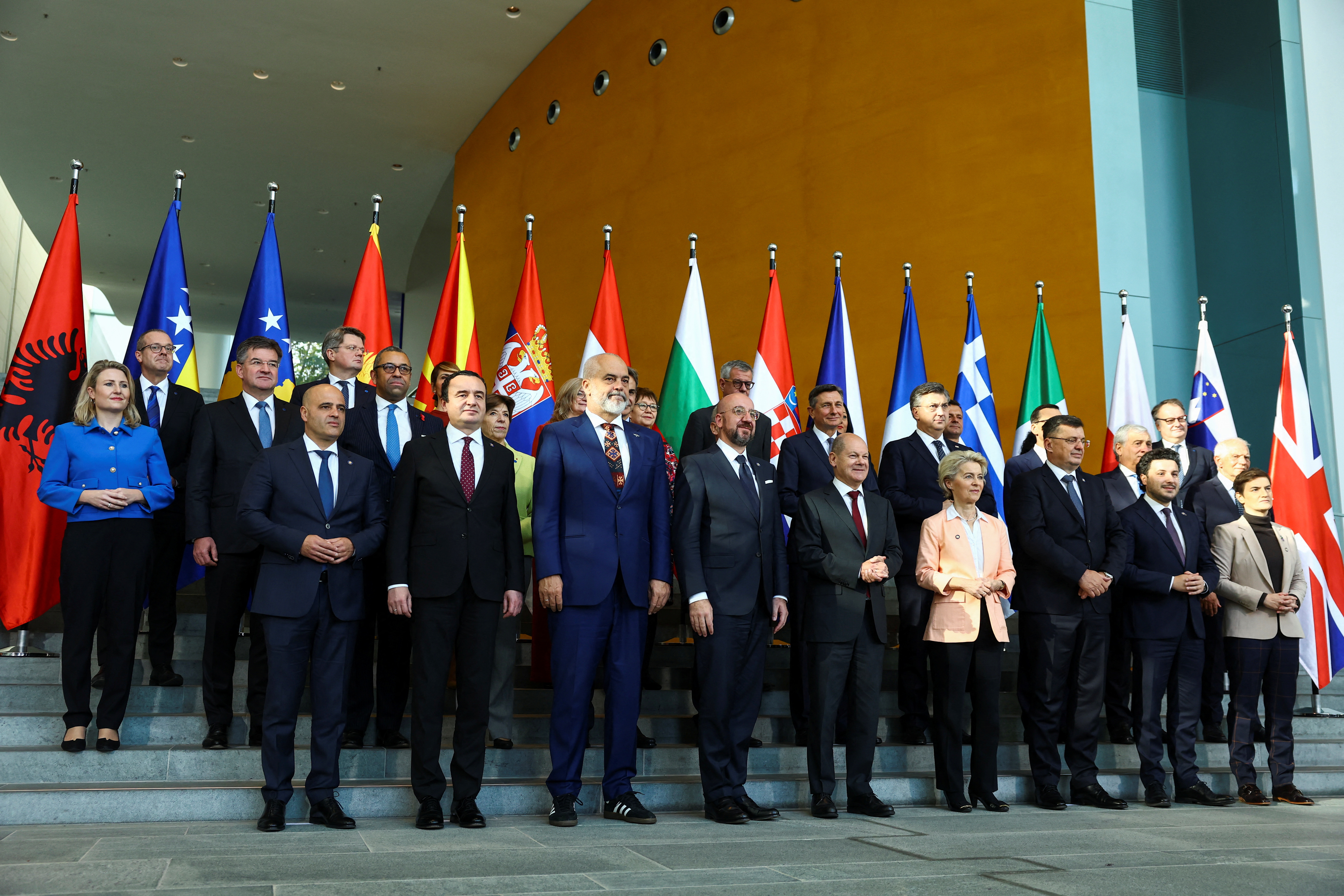 Germany's Chancellor Olaf Scholz, European Commission President Ursula von der Leyen and other attendees pose for a family photo at the Western Balkans Summit at the Chancellery in Berlin, Germany, November 3, 2022. REUTERS/Lisi Niesner