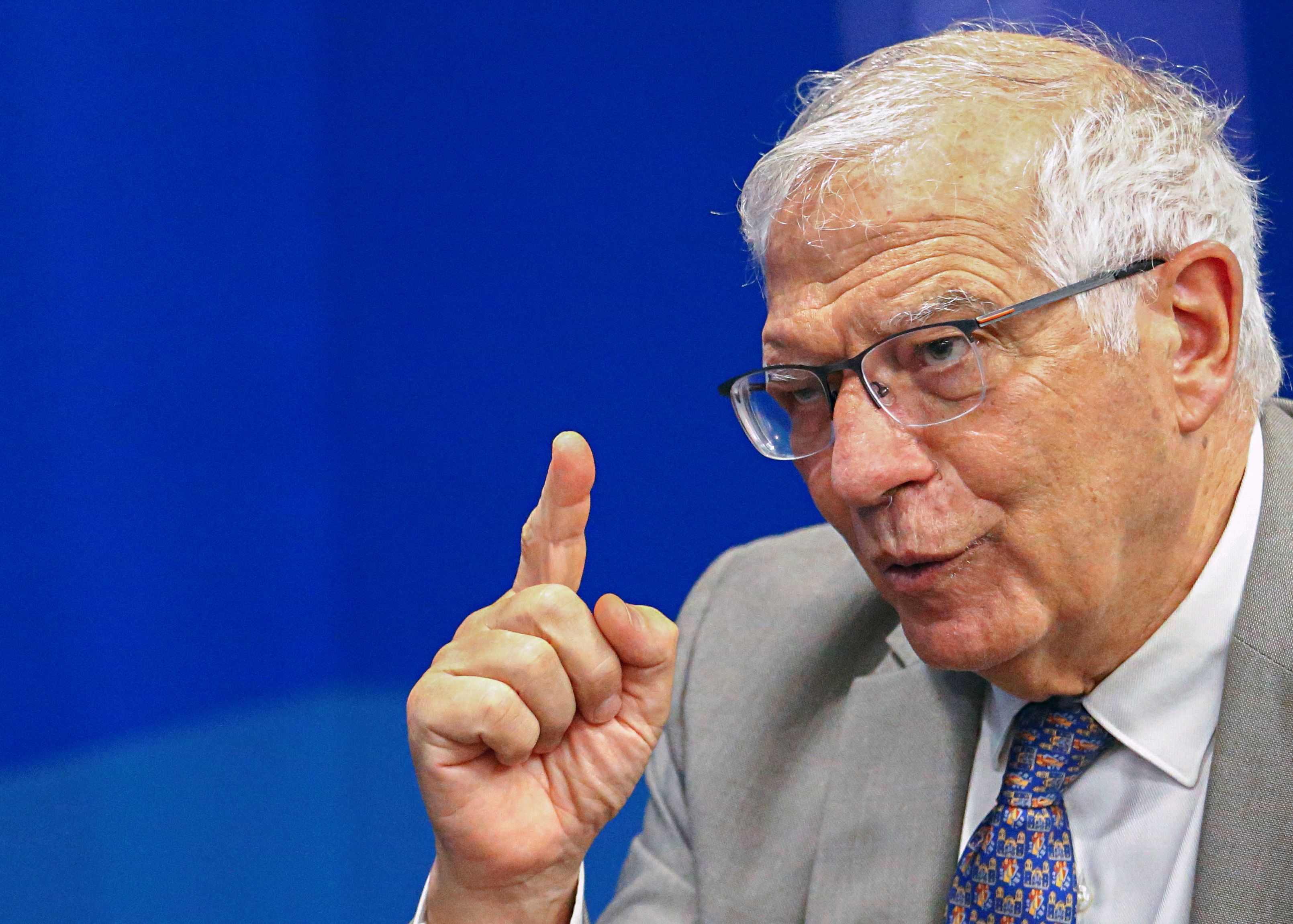 Josep Borrell, European High Representative of the Union for Foreign Affairs gestures as he speaks during an interview at EU Delegation office