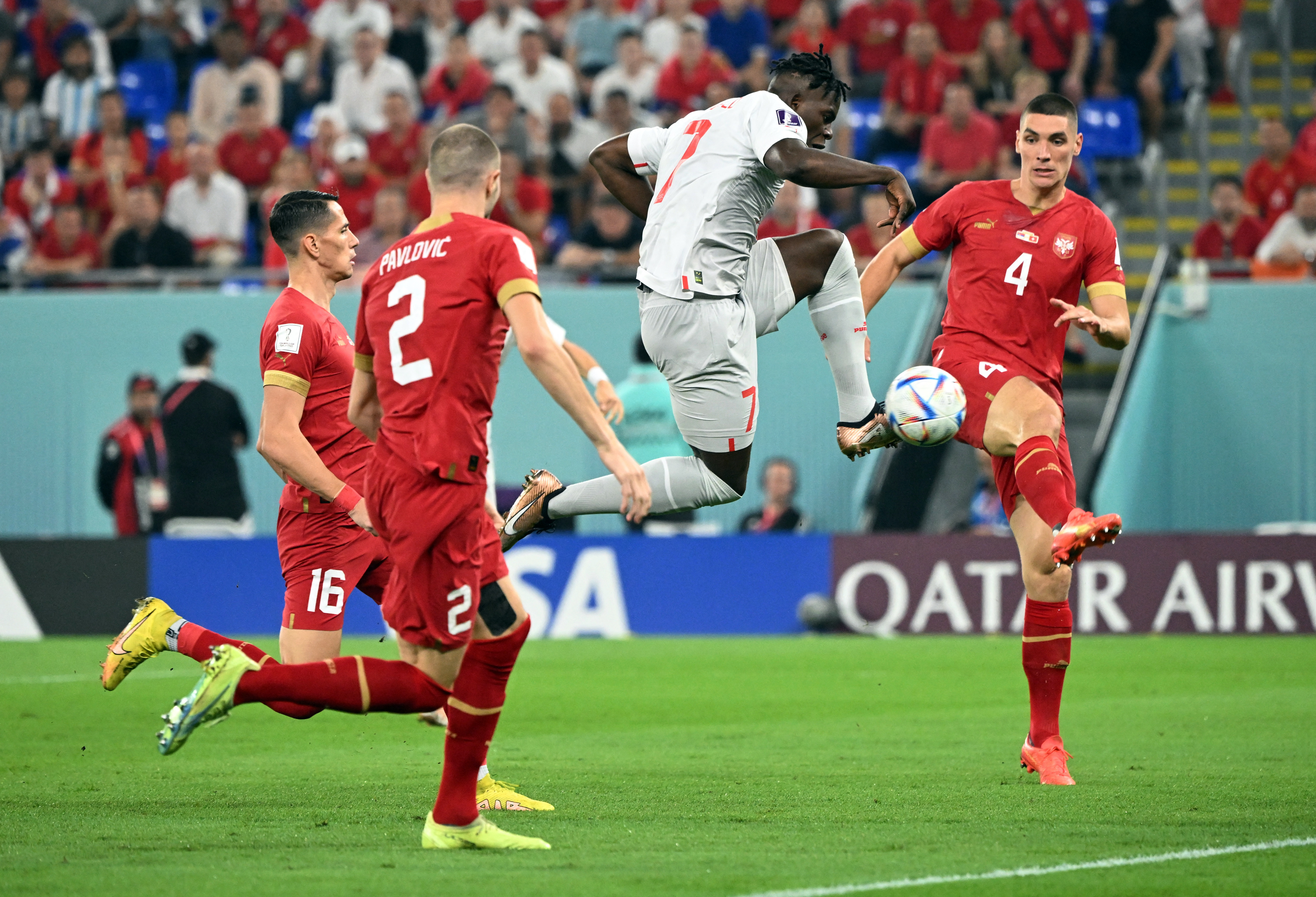 Soccer Football - FIFA World Cup Qatar 2022 - Group G - Serbia v Switzerland - Stadium 974, Doha, Qatar - December 2, 2022 Switzerland's Breel Embolo in action REUTERS/Alberto Lingria