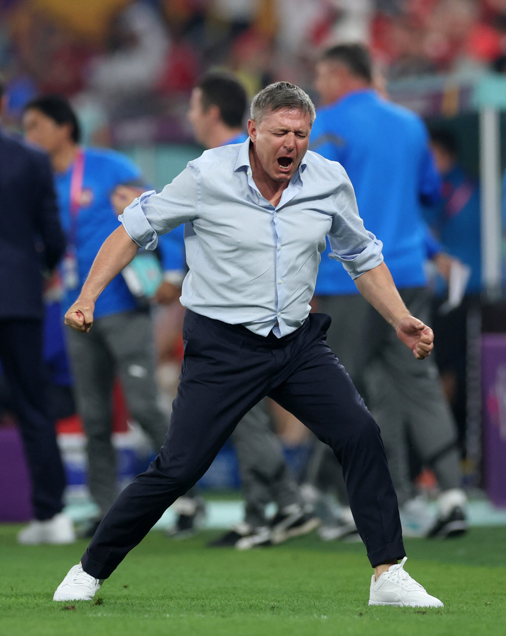 Soccer Football - FIFA World Cup Qatar 2022 - Group G - Serbia v Switzerland - Stadium 974, Doha, Qatar - December 2, 2022 Serbia coach Dragan Stojkovic celebrate after Aleksandar Mitrovic scores their first goal REUTERS/Carl Recine