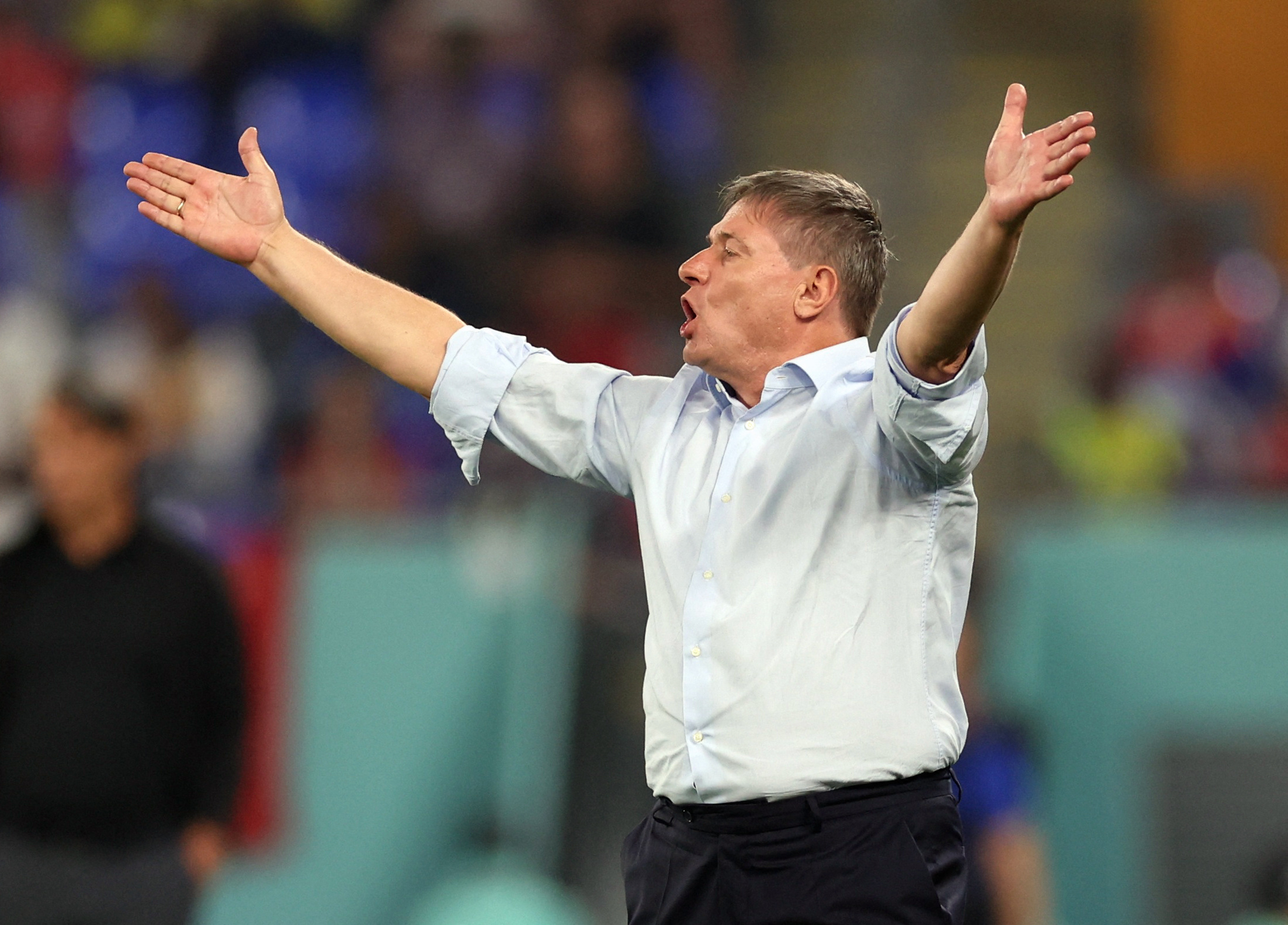 Soccer Football - FIFA World Cup Qatar 2022 - Group G - Serbia v Switzerland - Stadium 974, Doha, Qatar - December 2, 2022 Serbia coach Dragan Stojkovic reacts REUTERS/Carl Recine