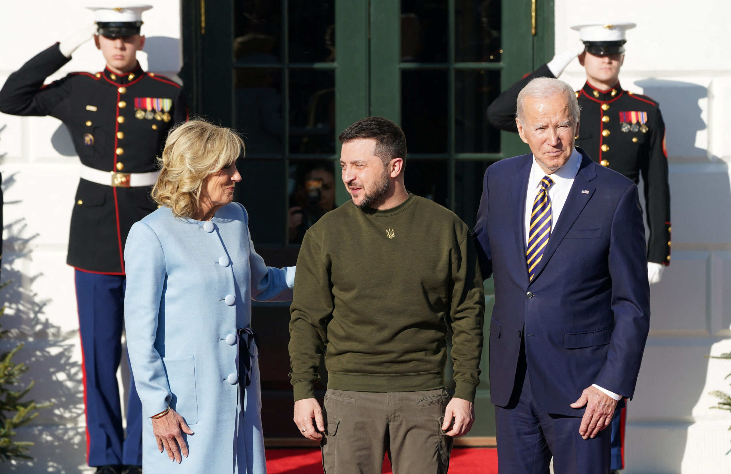 U.S. President Joe Biden and first lady Jill Biden welcome Ukraine's President Volodymyr Zelenskiy on the South Lawn at the White House in Washington, U.S., December 21, 2022. REUTERS/Kevin Lamarque
